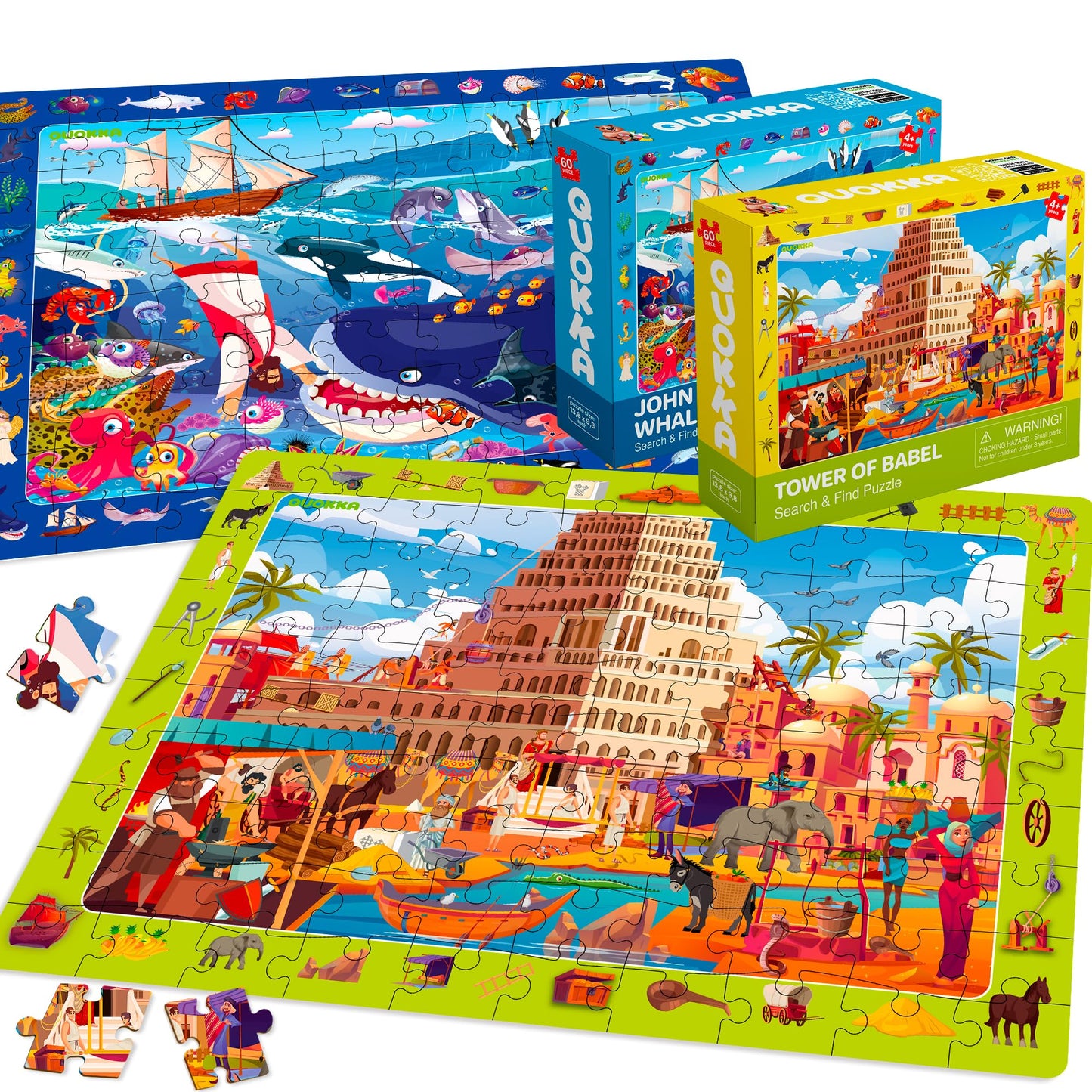 QUOKKA 60-Piece Bible Jigsaw Puzzles for Kids – Set of 4 (Ages 4-8) Tower of Babel, Noah’s Ark, Eden