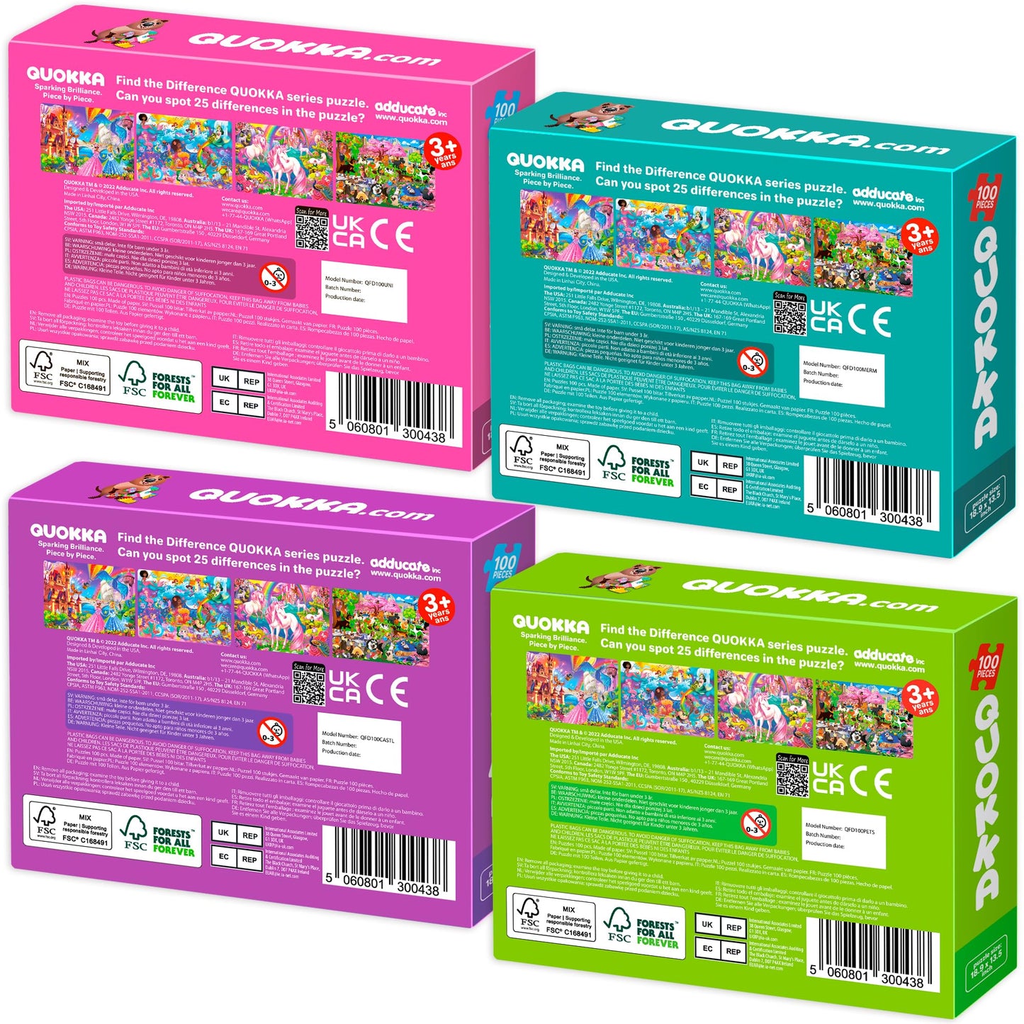 QUOKKA 100-Piece Puzzles – 4 Jigsaws for Kids 4–10 (Unicorn, Mermaid, Castle)
