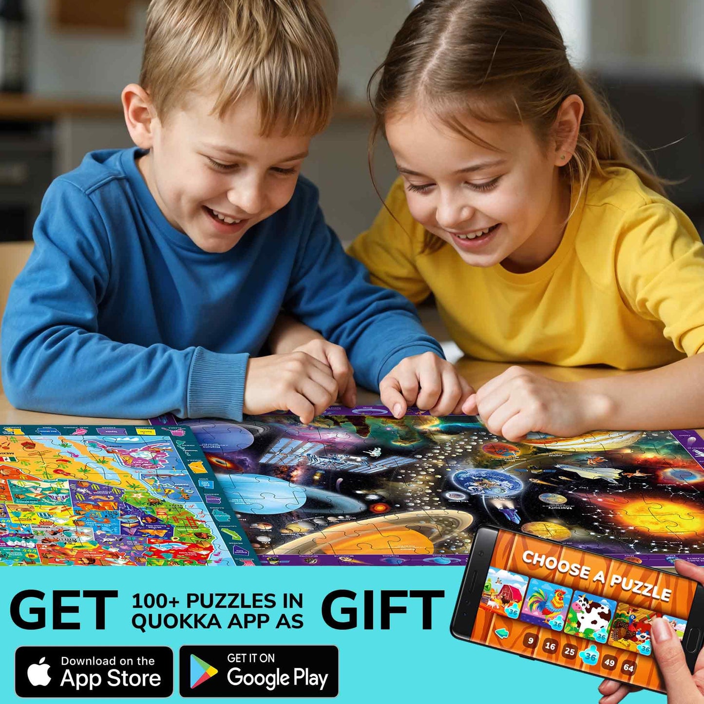 QUOKKA 100-Piece Puzzles for Kids (4-6) – 3-Puzzle Set: World Map, USA Map & Solar System | Educational Floor Puzzles by QUOKKA