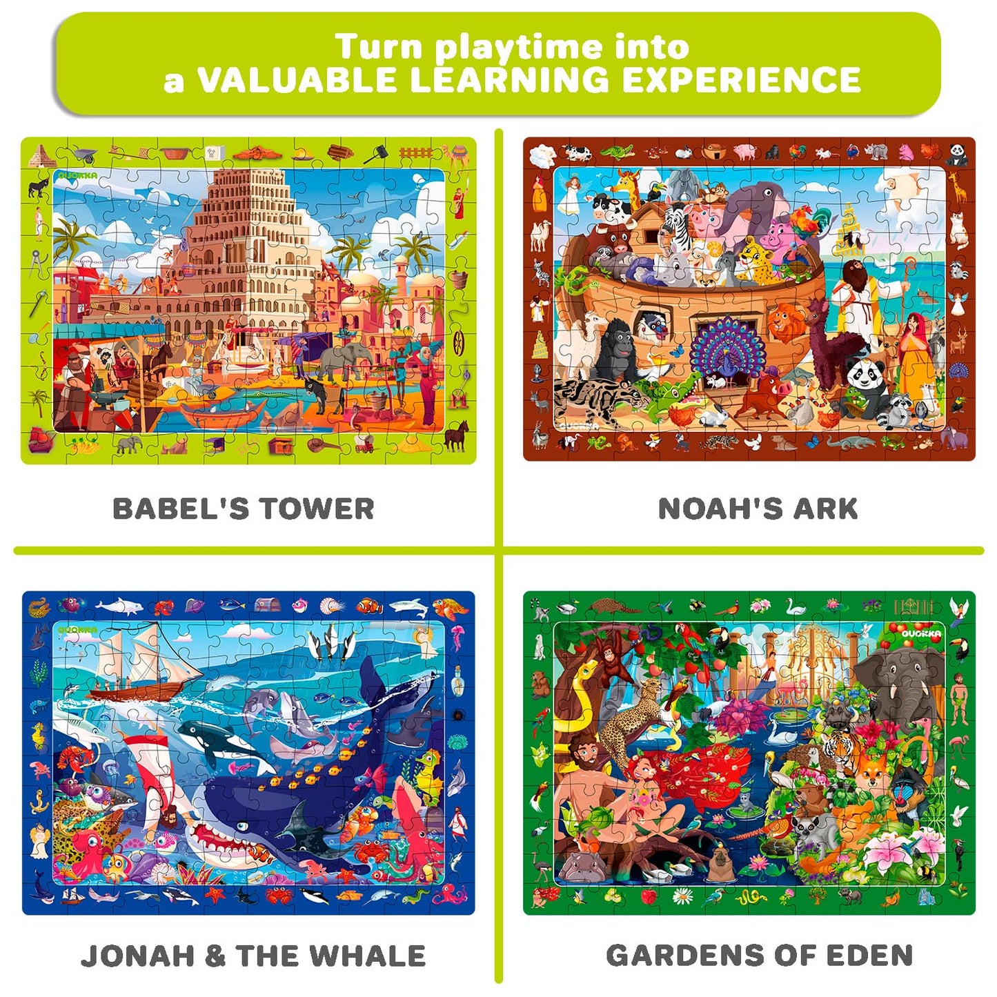QUOKKA 60-Piece Bible Jigsaw Puzzles for Kids – Set of 4 (Ages 4-8) Tower of Babel, Noah’s Ark, Eden