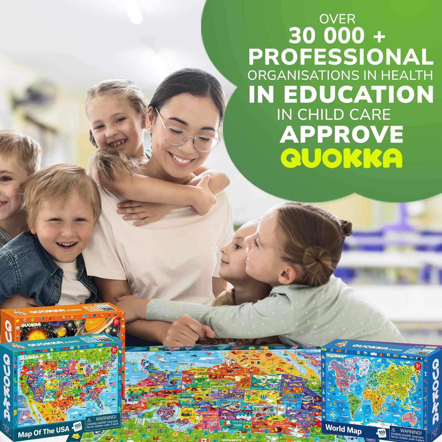 QUOKKA 100-Piece Puzzles for Kids (4-6) – 3-Puzzle Set: World Map, USA Map & Solar System | Educational Floor Puzzles by QUOKKA