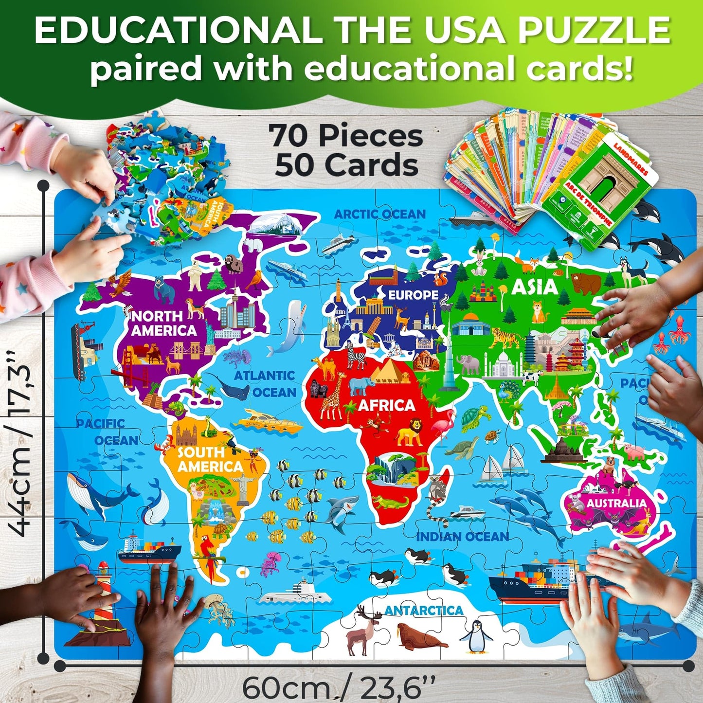 QUOKKA World Map Floor Puzzle for Kids 4-6 — 70 Pieces + 50 World Facts Cards — Continent-Shaped Gift
