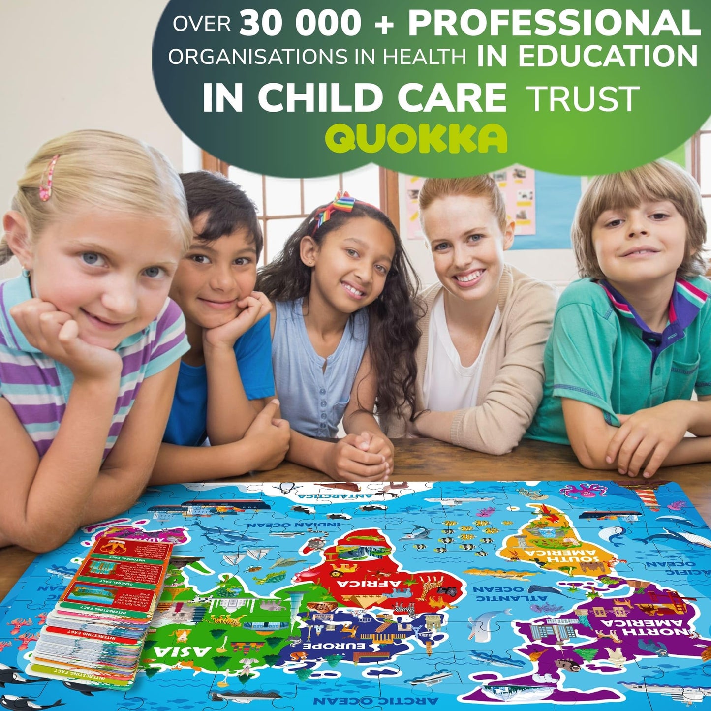 QUOKKA World Map Floor Puzzle for Kids 4-6 — 70 Pieces + 50 World Facts Cards — Continent-Shaped Gift