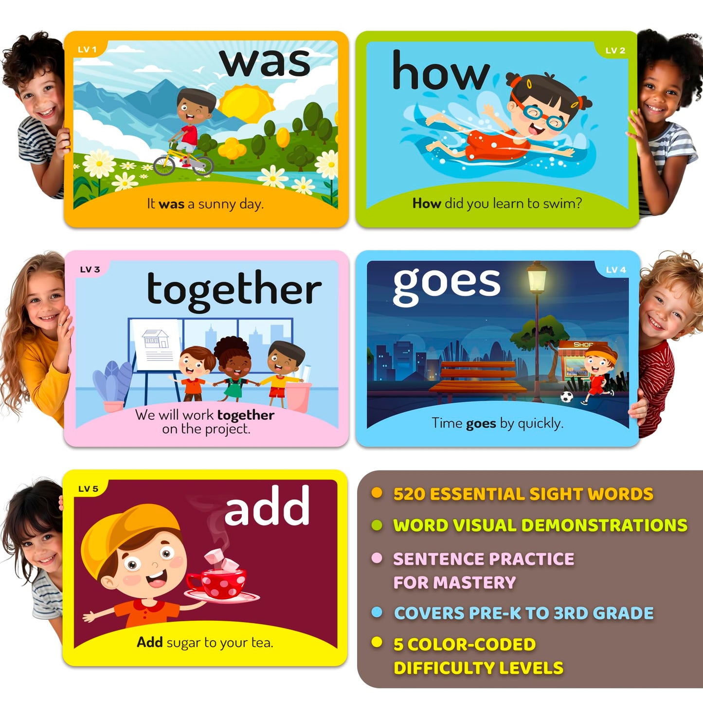 QUOKKA 520 Sight Words Flash Cards with Images & Sentences – Dolch & Fry Lists for Reading Fluency
