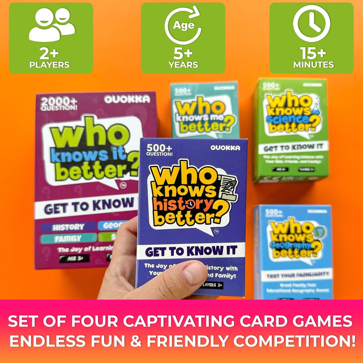 QUOKKA 4-in-1 Family Card Trivia Game | Who Knows Better? | Educational Fun for All Ages