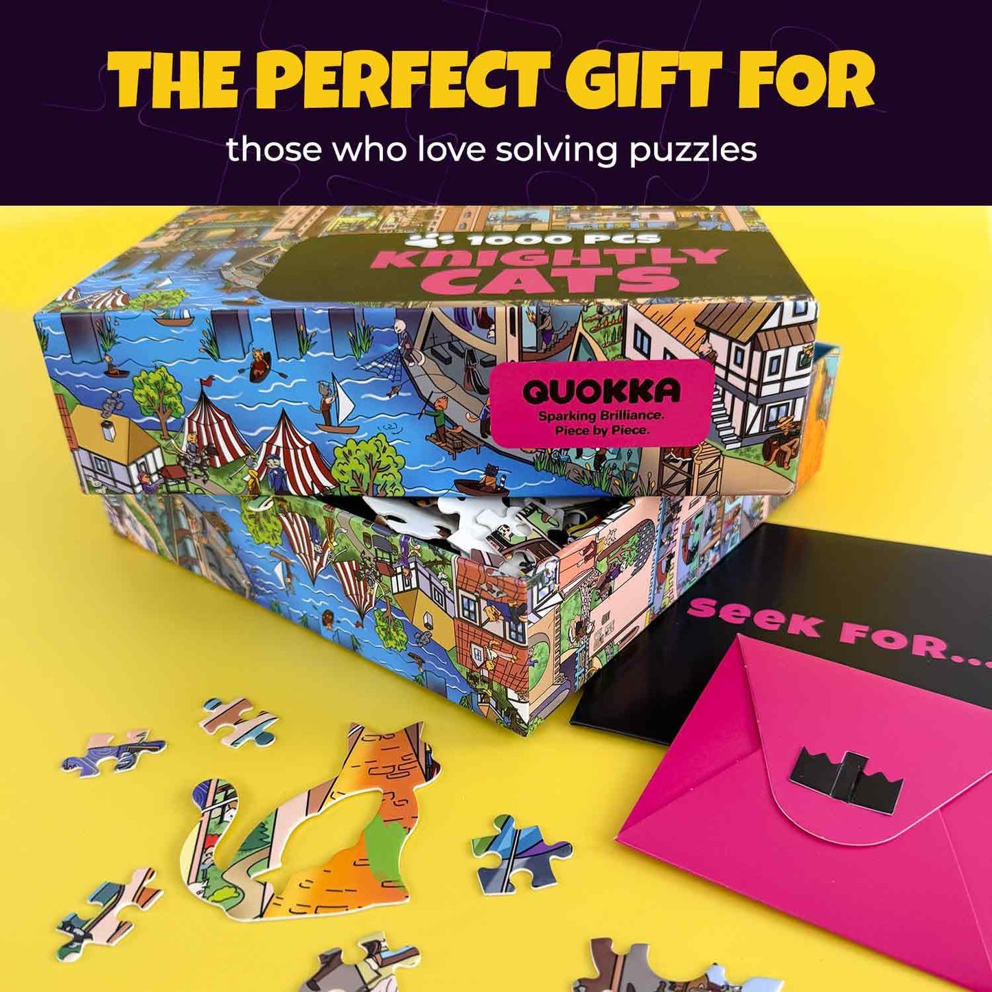 QUOKKA Knightly Cats 1000-Piece Jigsaw Puzzle – Premium Box & Extra Challenge Envelopes
