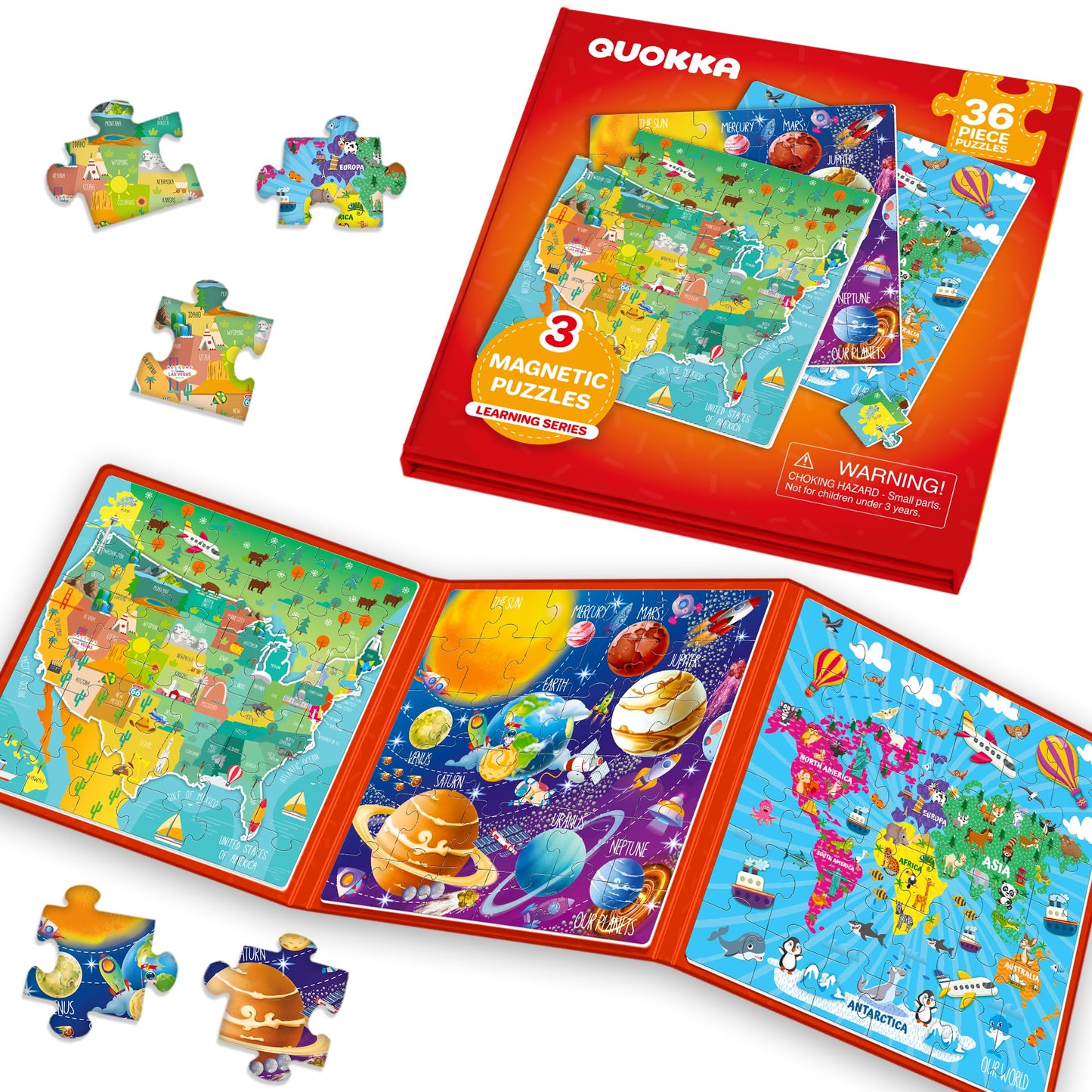 QUOKKA Magnetic Puzzles for Kids 4-6 | 36-Piece & 60-Piece Travel Puzzles | USA, World & Space