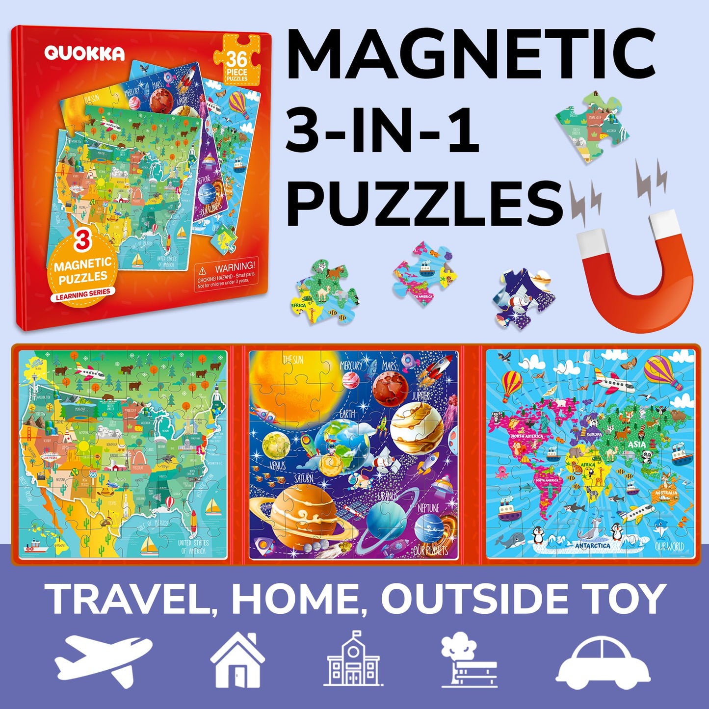 QUOKKA Magnetic Puzzles for Kids 4-6 | 36-Piece & 60-Piece Travel Puzzles | USA, World & Space