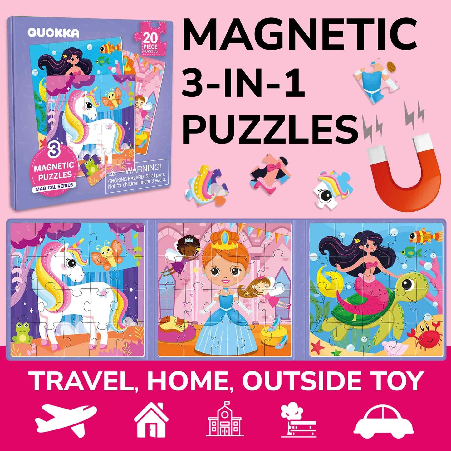 QUOKKA Magnetic Toddler Puzzles – 20-Piece Travel Book for Ages 2-5 (Unicorns, Princesses, Fairies & Mermaids)