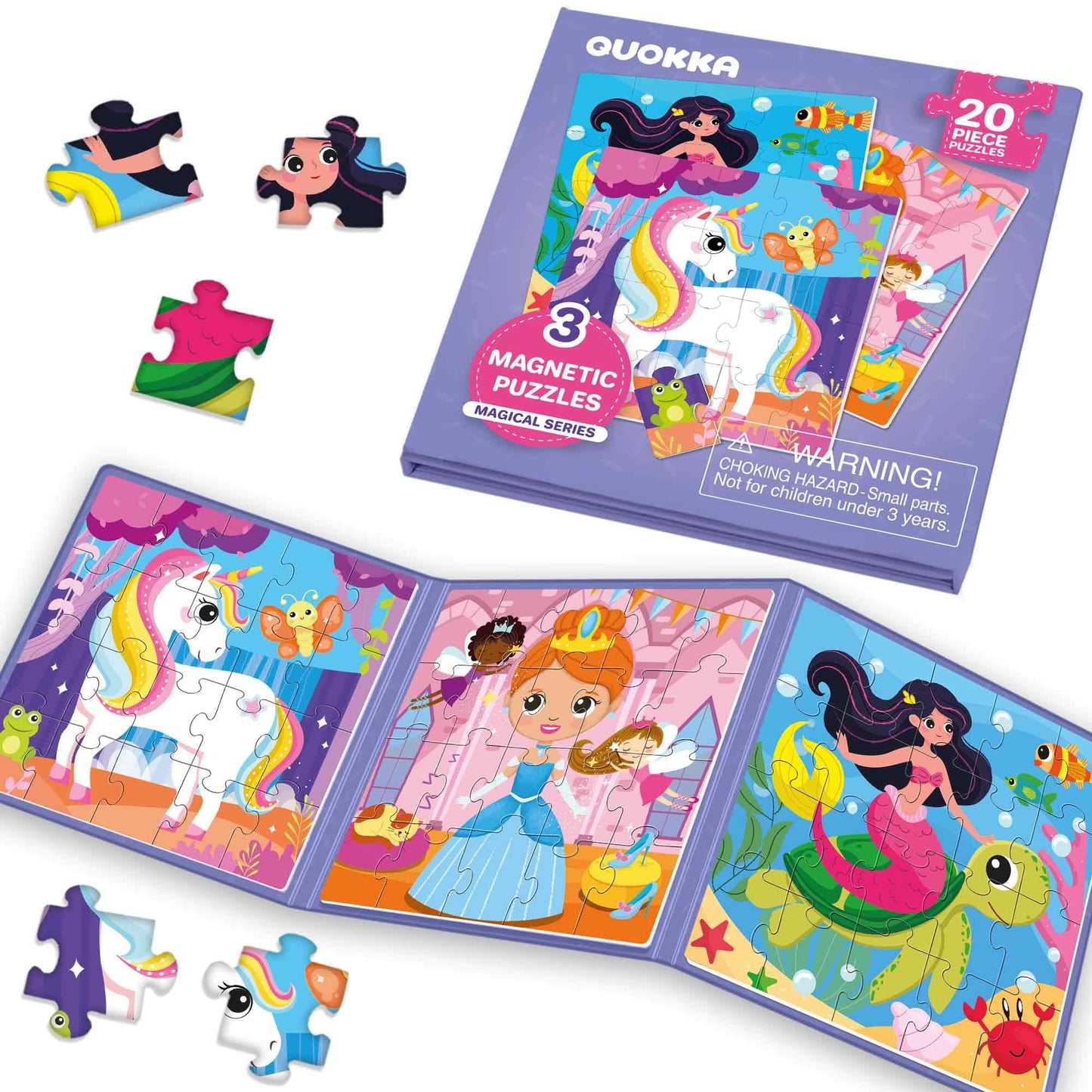 QUOKKA Magnetic Toddler Puzzles – 20-Piece Travel Book for Ages 2-5 (Unicorns, Princesses, Fairies & Mermaids)