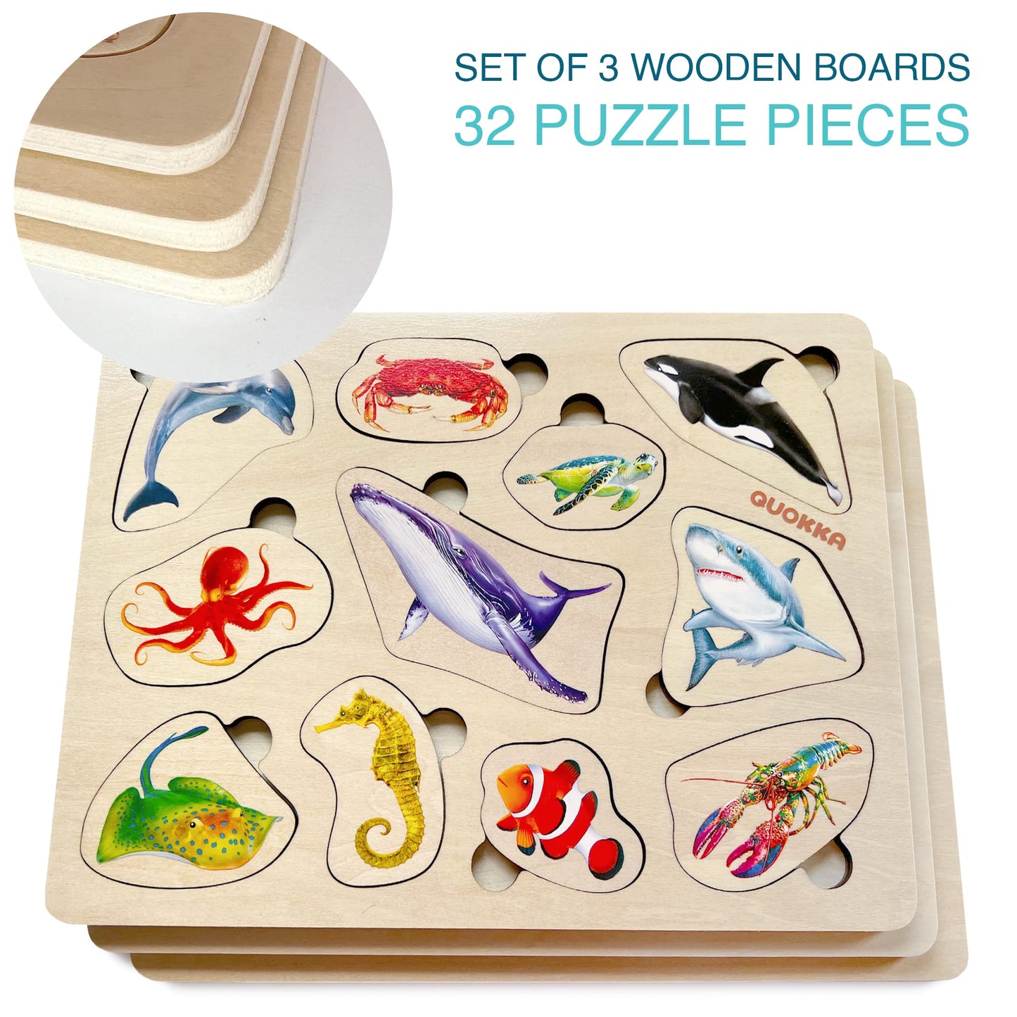 QUOKKA Wooden Puzzles for Toddlers 1-3 - 3xSET Montessori Animal Puzzles