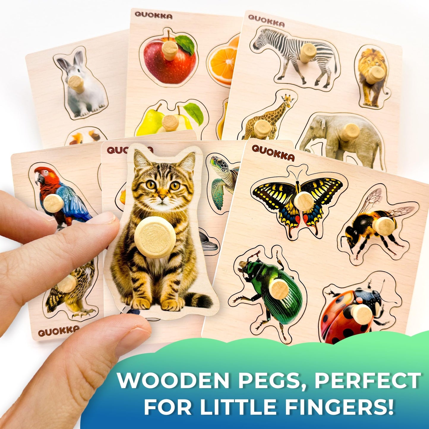 QUOKKA Wooden Puzzles for Toddlers 1-3 | 6-Pegged Animal & Fruit Learning Toy