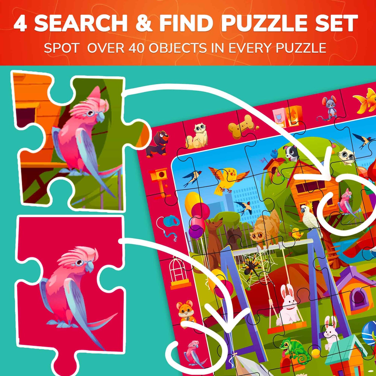 QUOKKA Puzzles for Kids 4-6 — 4-Pack 60-Piece Search & Find Animals Jigsaws | Eco-Friendly Learning Toys