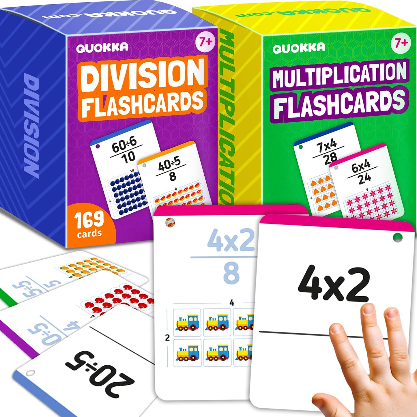 QUOKKA Multiplication & Division Flash Cards for Kids 4-8 — 338 Cards with Visual Aids, Sorting Rings