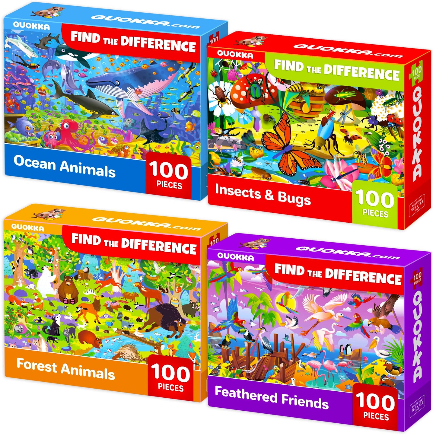 QUOKKA 100-Piece Puzzles for Kids – Ocean Forest Animals (4-Box Set)
