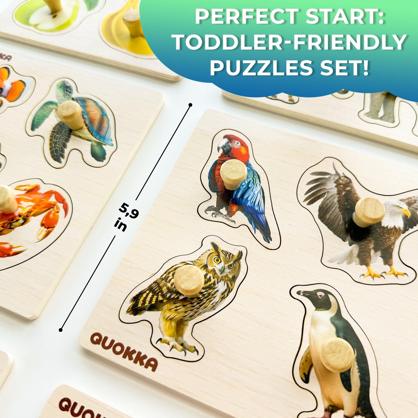 QUOKKA Wooden Puzzles for Toddlers 1-3 | 6-Pegged Animal & Fruit Learning Toy