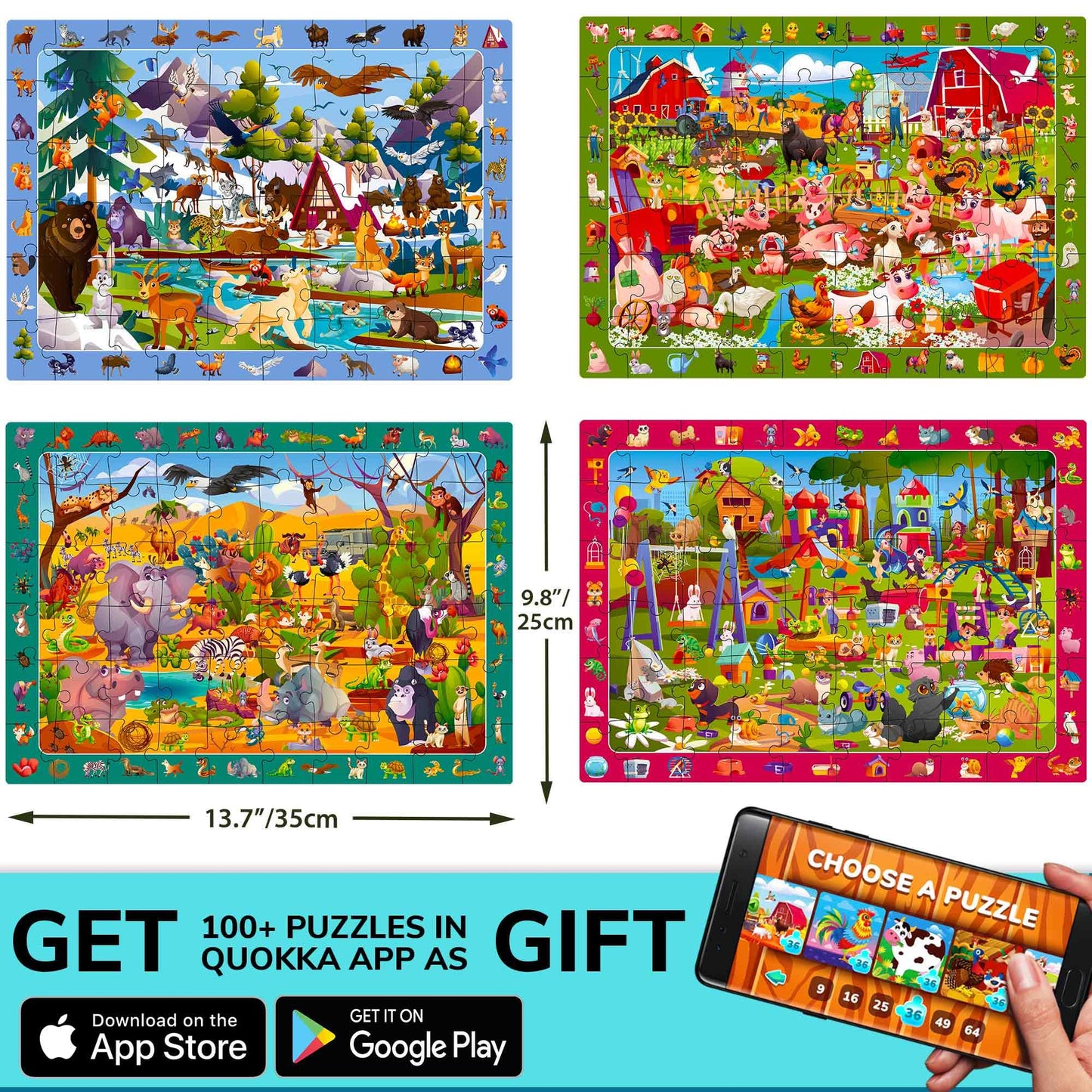 QUOKKA Puzzles for Kids 4-6 — 4-Pack 60-Piece Search & Find Animals Jigsaws | Eco-Friendly Learning Toys
