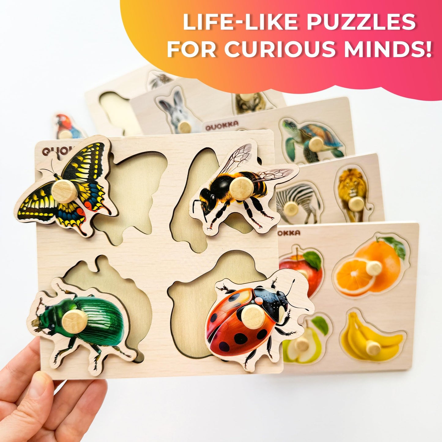 QUOKKA Wooden Puzzles for Toddlers 1-3 | 6-Pegged Animal & Fruit Learning Toy
