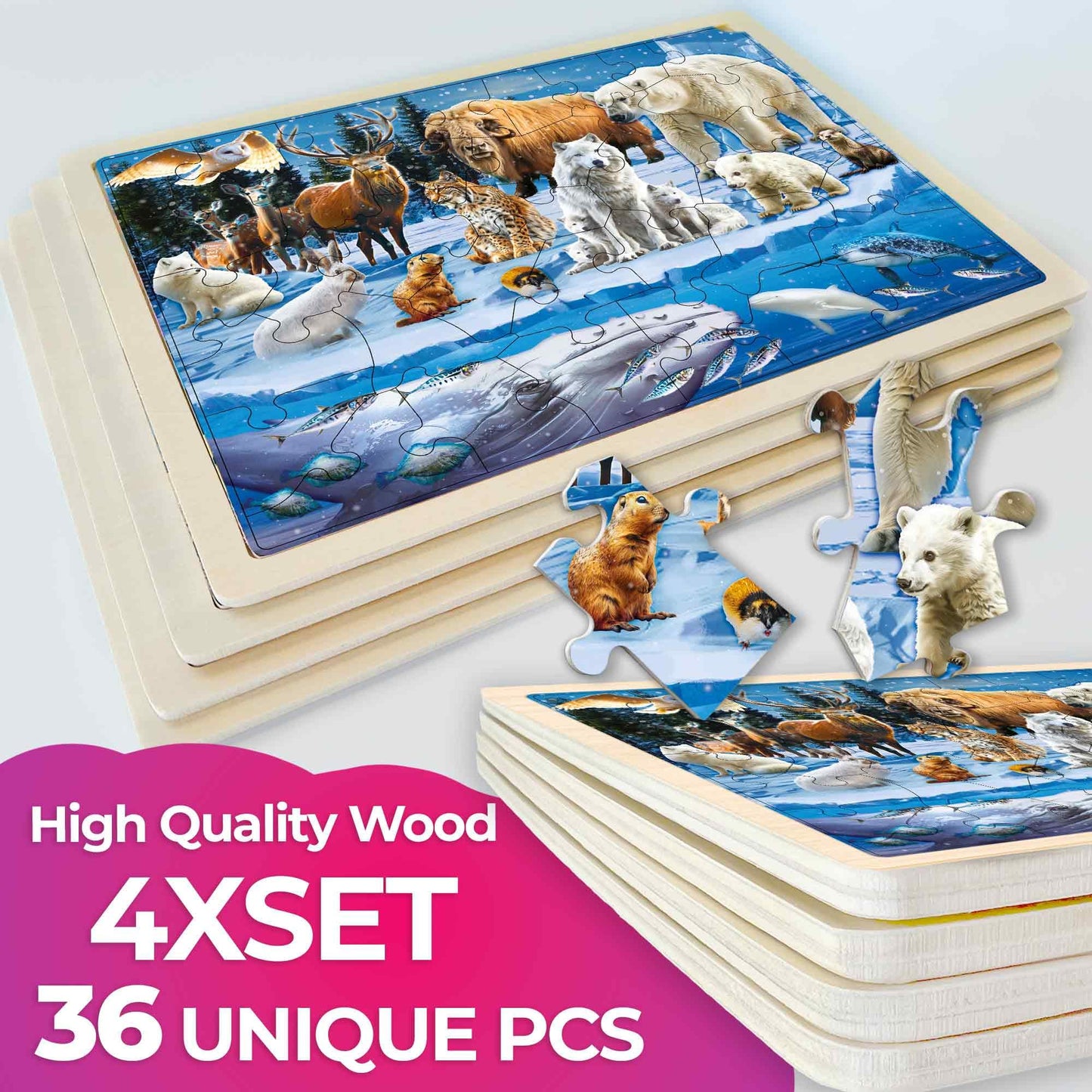 QUOKKA 4-Set Puzzles – 36-Piece Wooden Montessori Animal Puzzles for Ages 3-8
