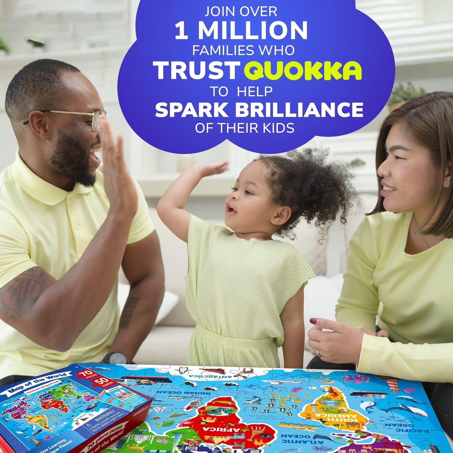 QUOKKA World Map Floor Puzzle for Kids 4-6 — 70 Pieces + 50 World Facts Cards — Continent-Shaped Gift