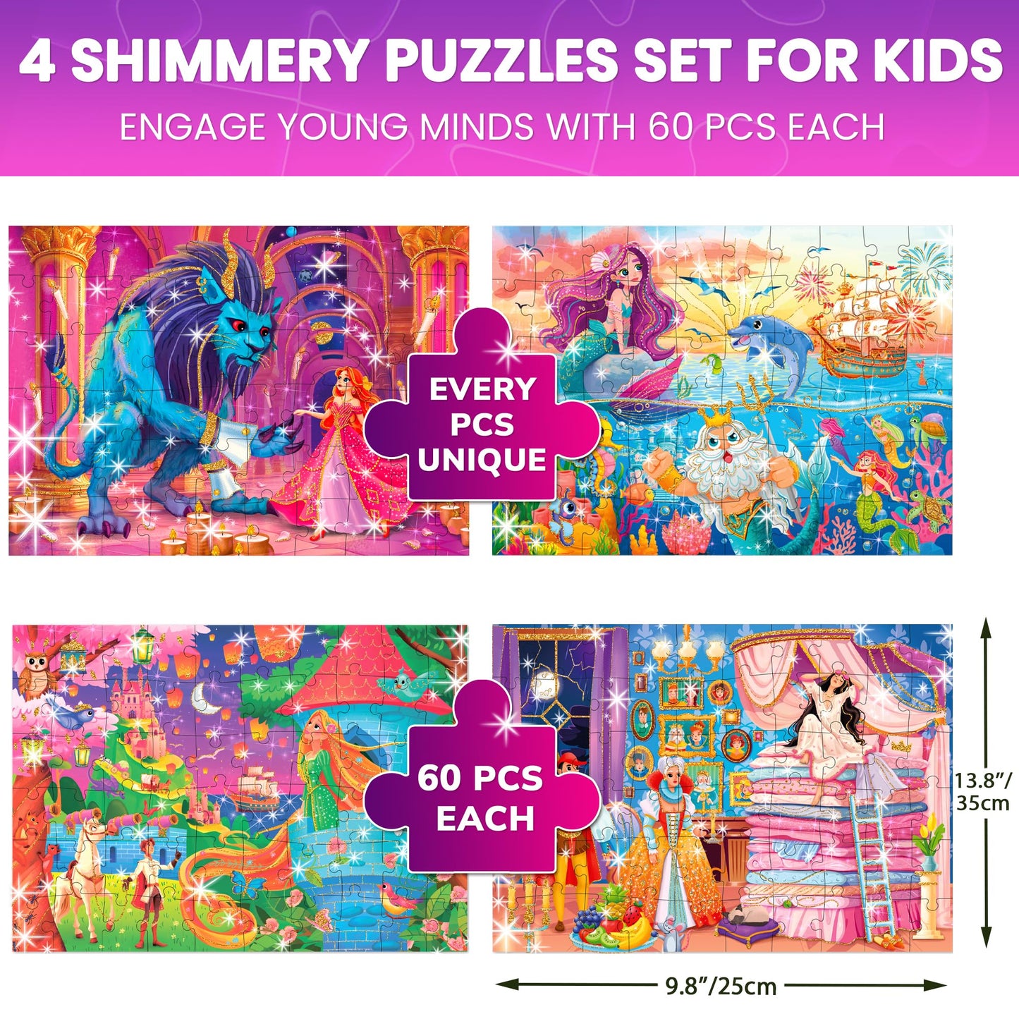 QUOKKA Puzzles for Kids Aged 4-6 — 4-Pack 60-Piece Fairy Tale Puzzles (FSC Certified)