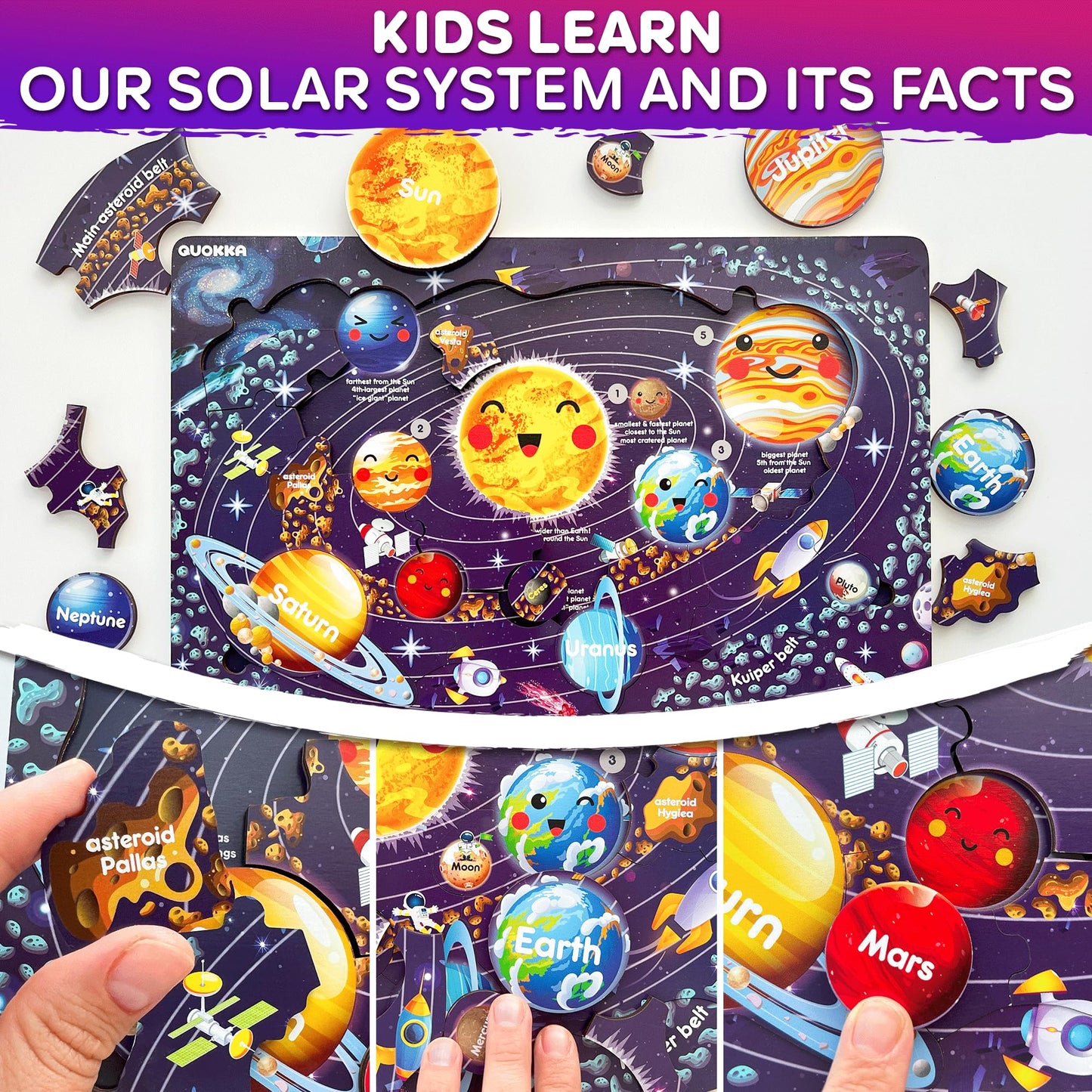 QUOKKA Wooden Puzzles for Kids 3-8 — Educational 3-Puzzle Set (US States, World Map, Solar System)