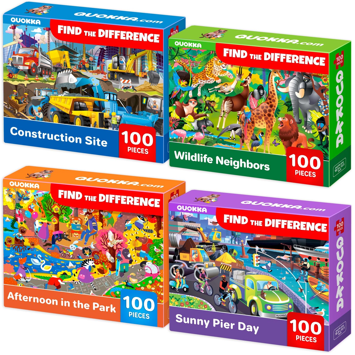 QUOKKA 100-Piece Puzzles for Kids 4-10 | Cars, Safari Animals & Construction Vehicles