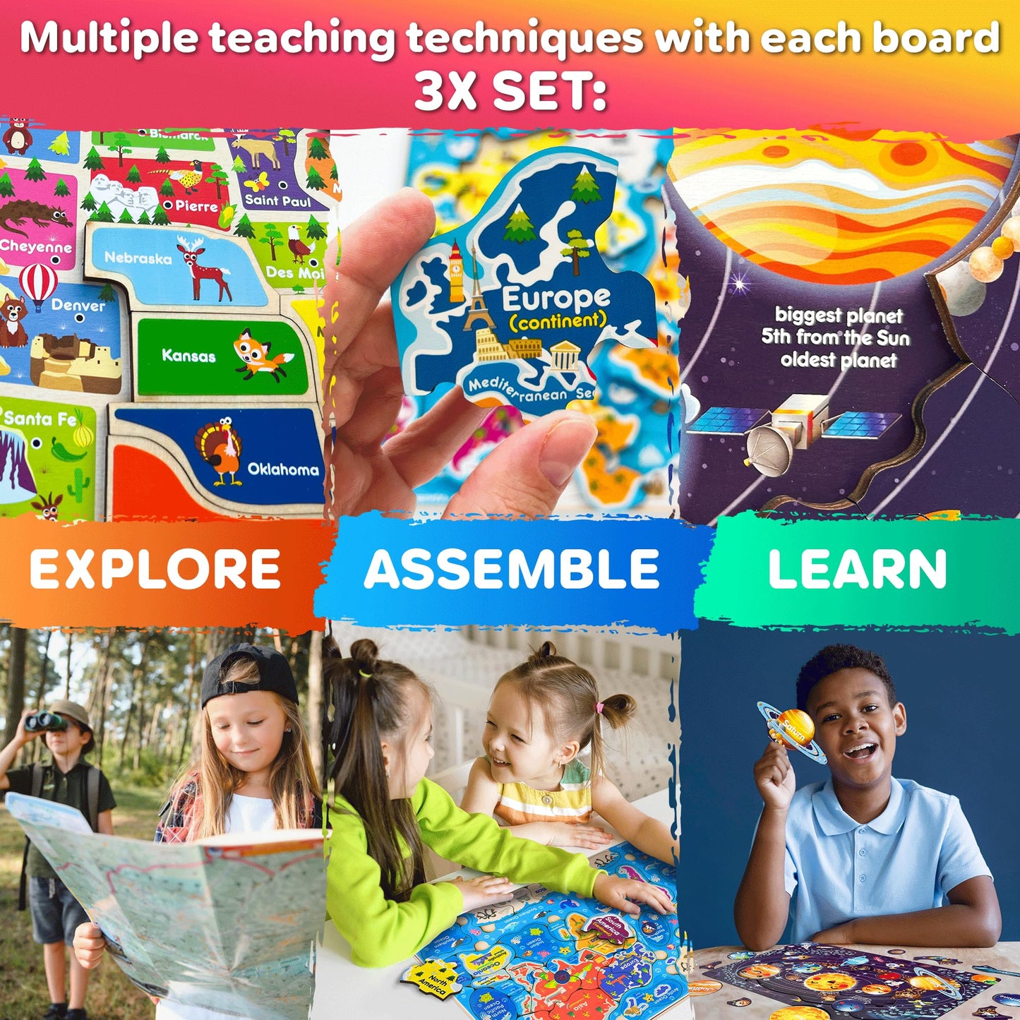 QUOKKA Wooden Puzzles for Kids 3-8 — Educational 3-Puzzle Set (US States, World Map, Solar System)