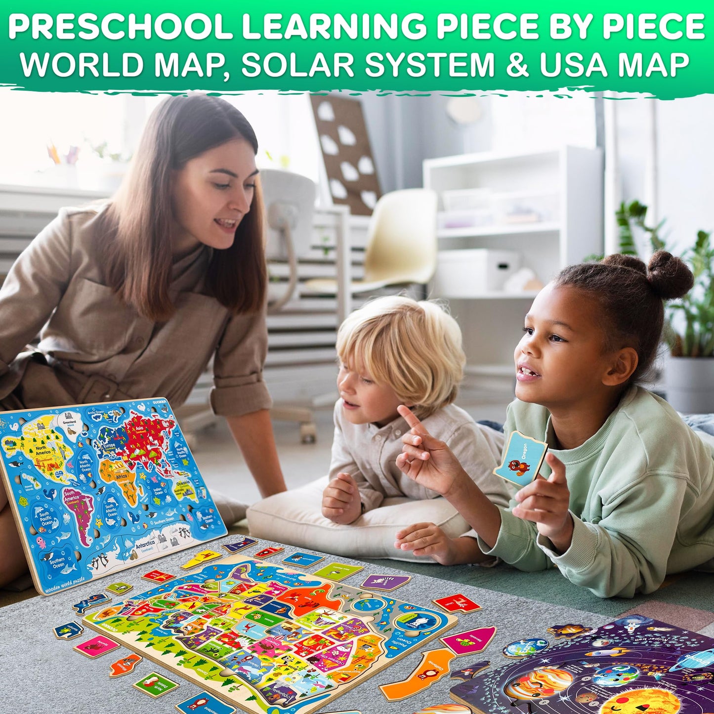 QUOKKA Wooden Puzzles for Kids 3-8 — Educational 3-Puzzle Set (US States, World Map, Solar System)