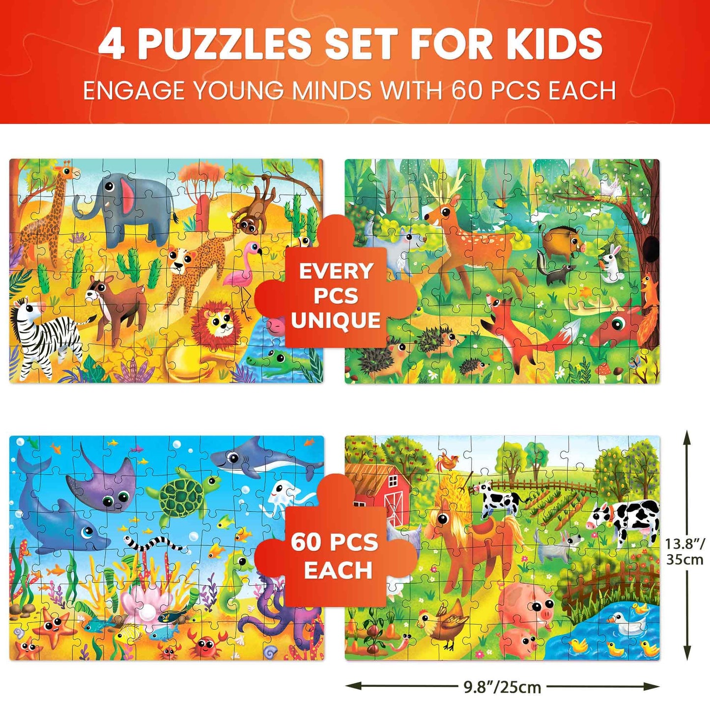 QUOKKA Puzzles for Kids 4-6 | 4x60-Piece Animal Jigsaw Puzzles
