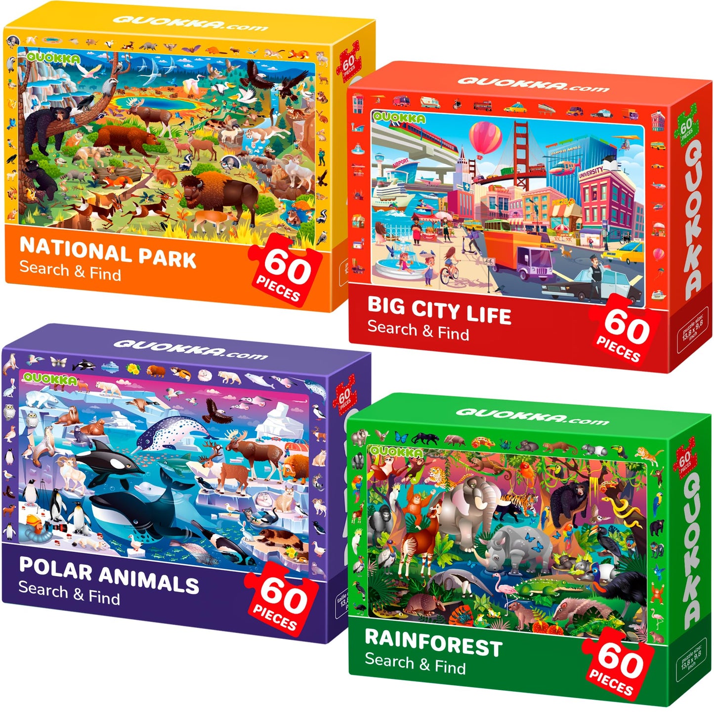 QUOKKA Puzzles for Kids 4-6 — 4 x 60-Piece Learning Puzzles (Forest, Polar, Parks & City Life)