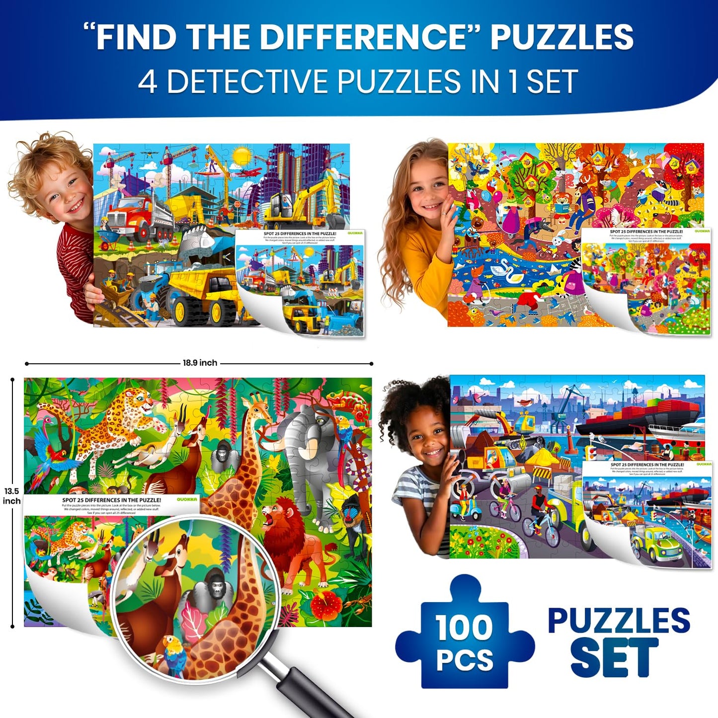 QUOKKA 100-Piece Puzzles for Kids 4-10 | Cars, Safari Animals & Construction Vehicles