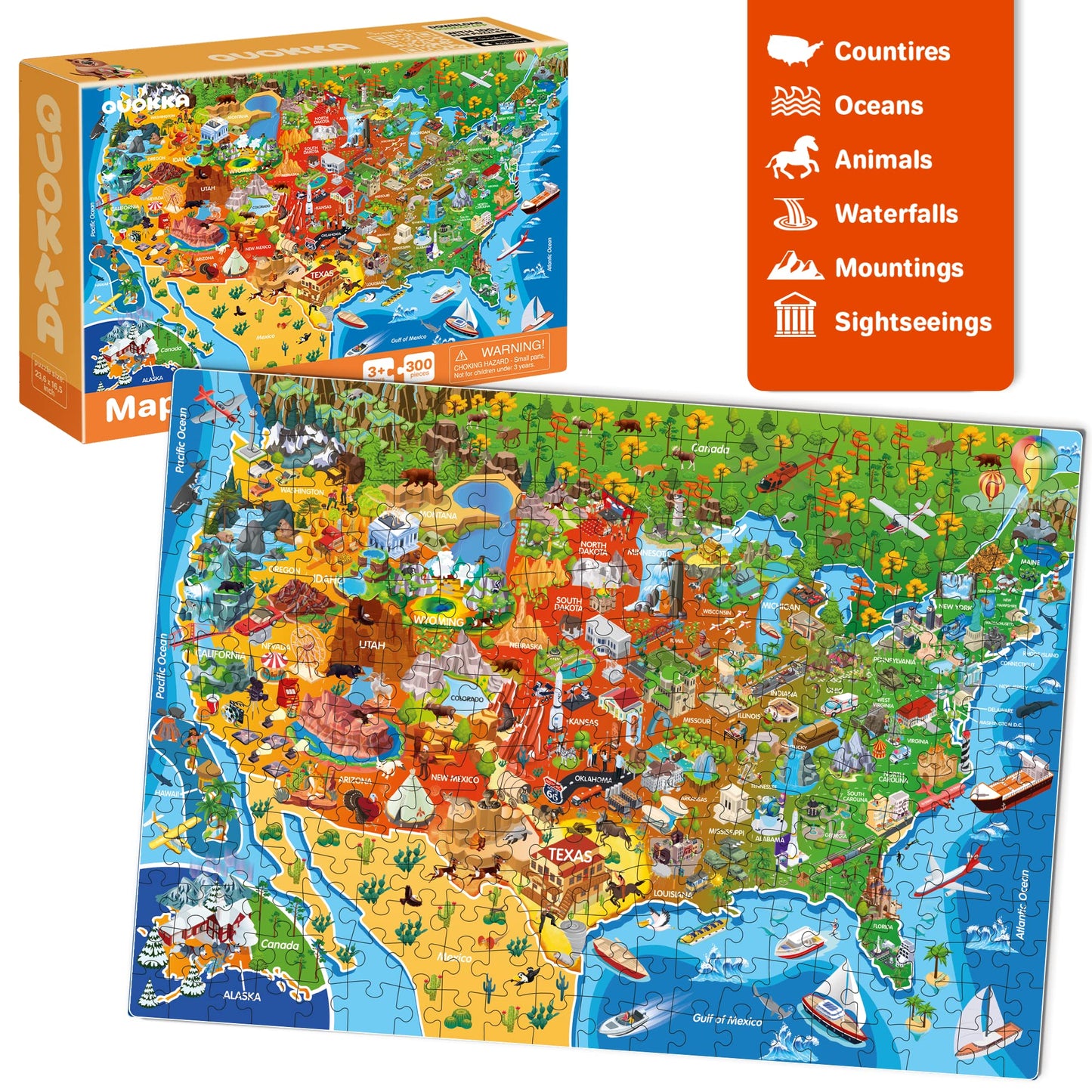 QUOKKA Puzzles for Kids 4-12 | 3-Pack 300-Piece USA Map, World Map & Solar System Puzzles