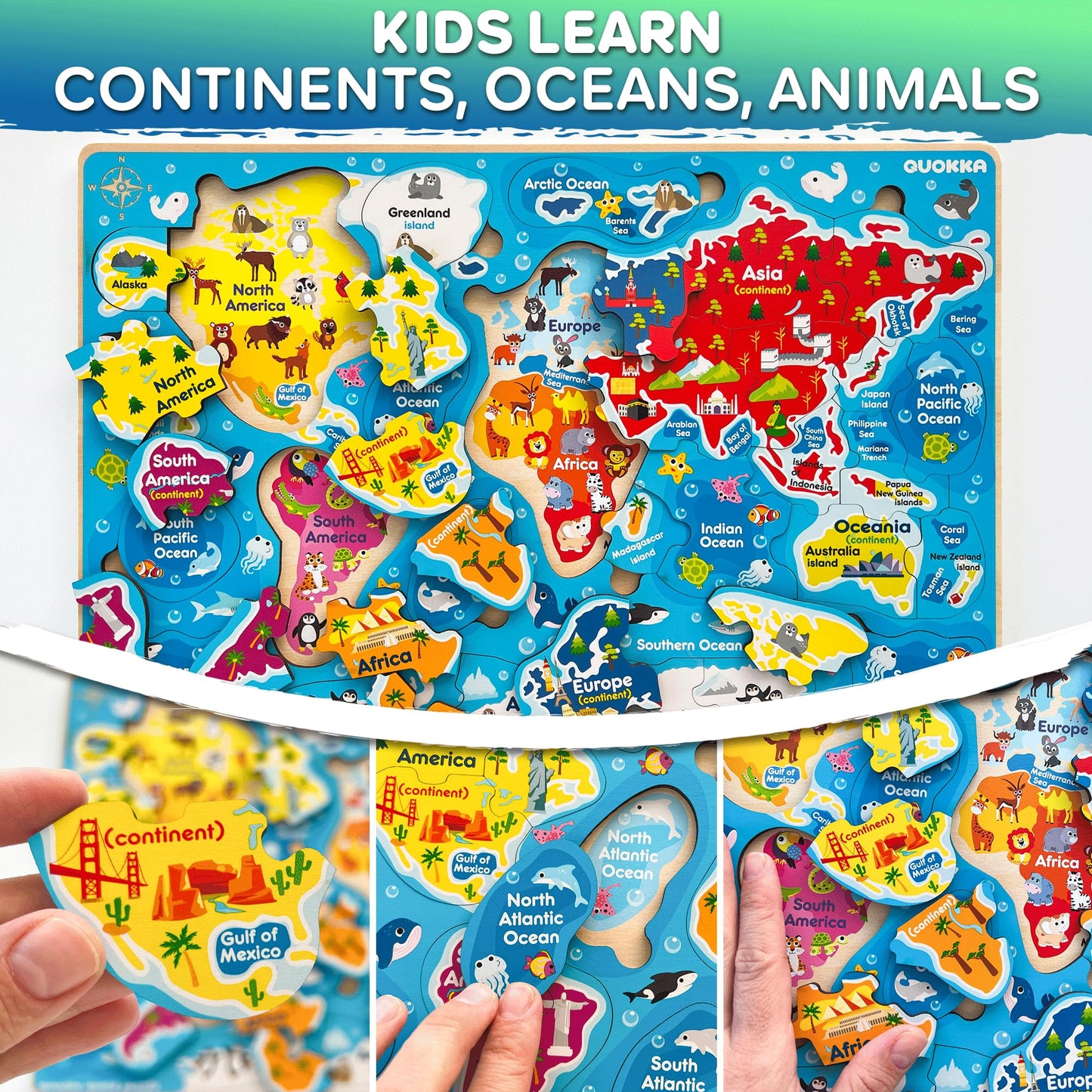 QUOKKA Wooden Puzzles for Kids 3-8 — Educational 3-Puzzle Set (US States, World Map, Solar System)