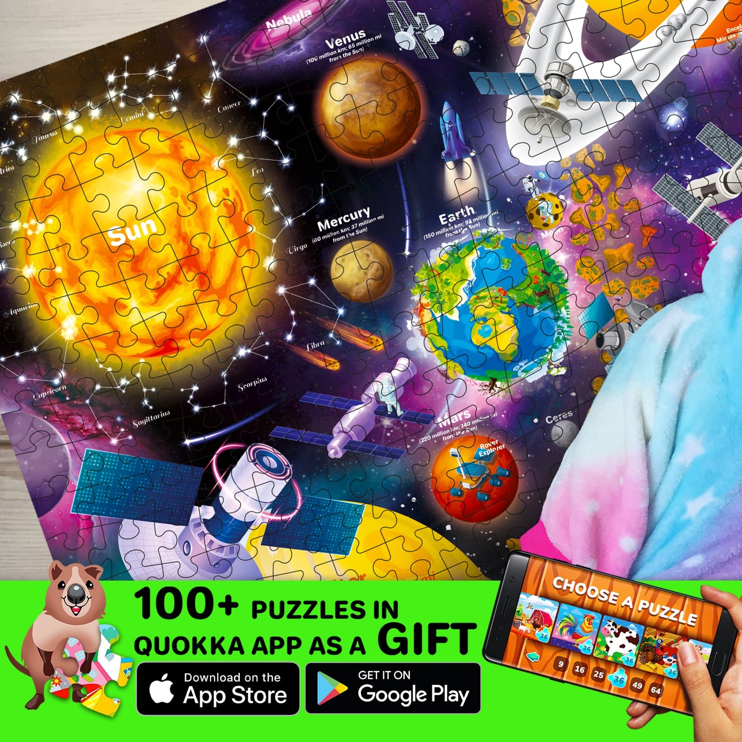 QUOKKA Puzzles for Kids 4-12 | 3-Pack 300-Piece USA Map, World Map & Solar System Puzzles