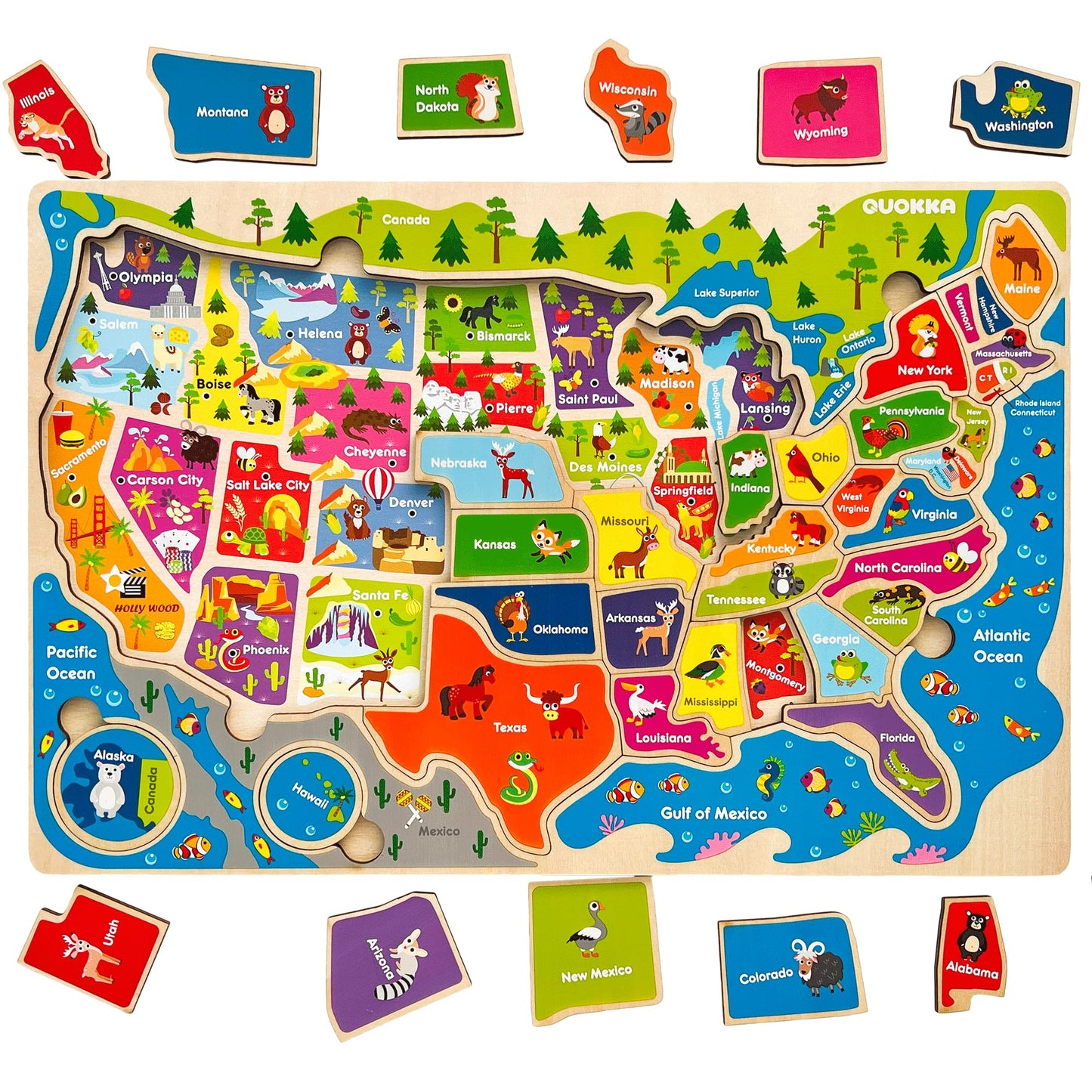 QUOKKA Wooden Puzzles for Kids 3-8 — Educational 3-Puzzle Set (US States, World Map, Solar System)