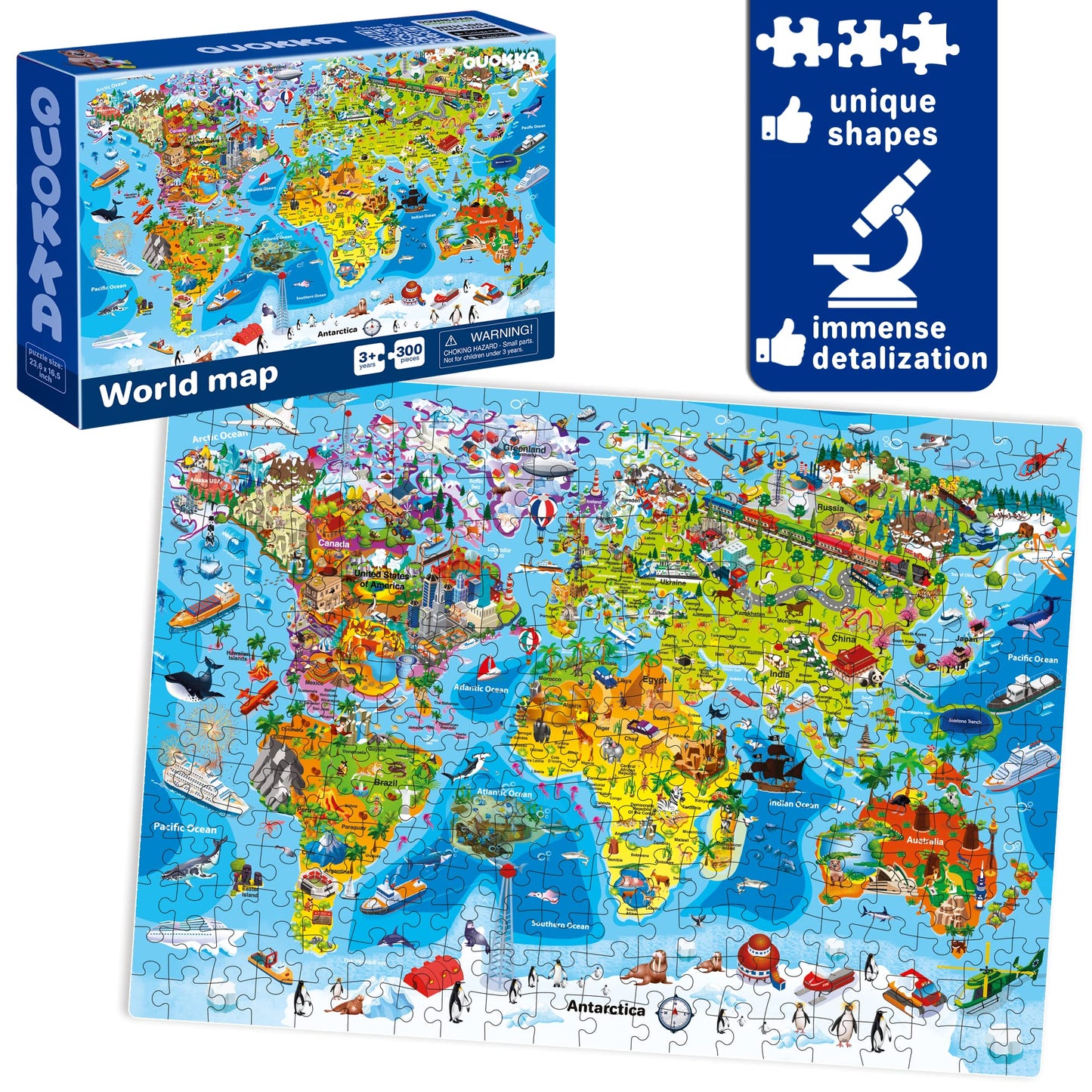 QUOKKA Puzzles for Kids 4-12 | 3-Pack 300-Piece USA Map, World Map & Solar System Puzzles