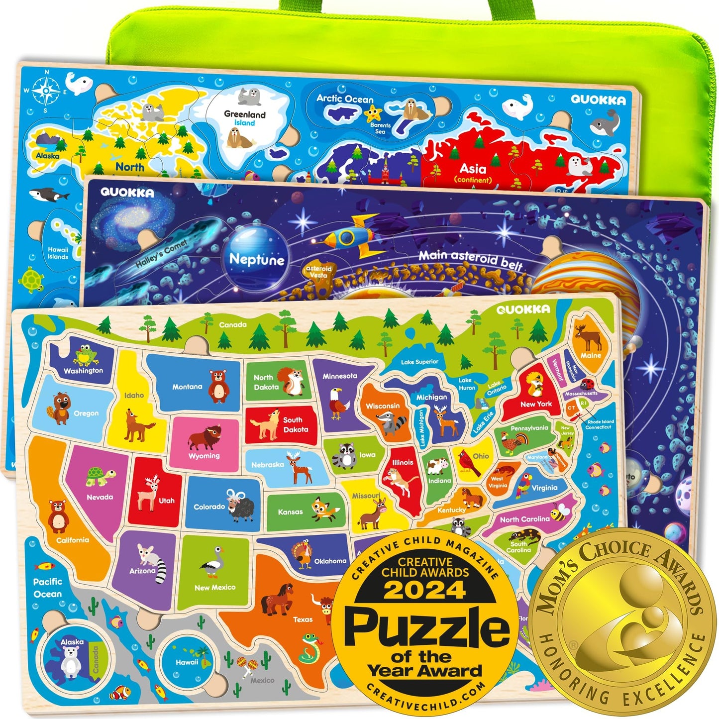 QUOKKA Wooden Puzzles for Kids 3-8 — Educational 3-Puzzle Set (US States, World Map, Solar System)