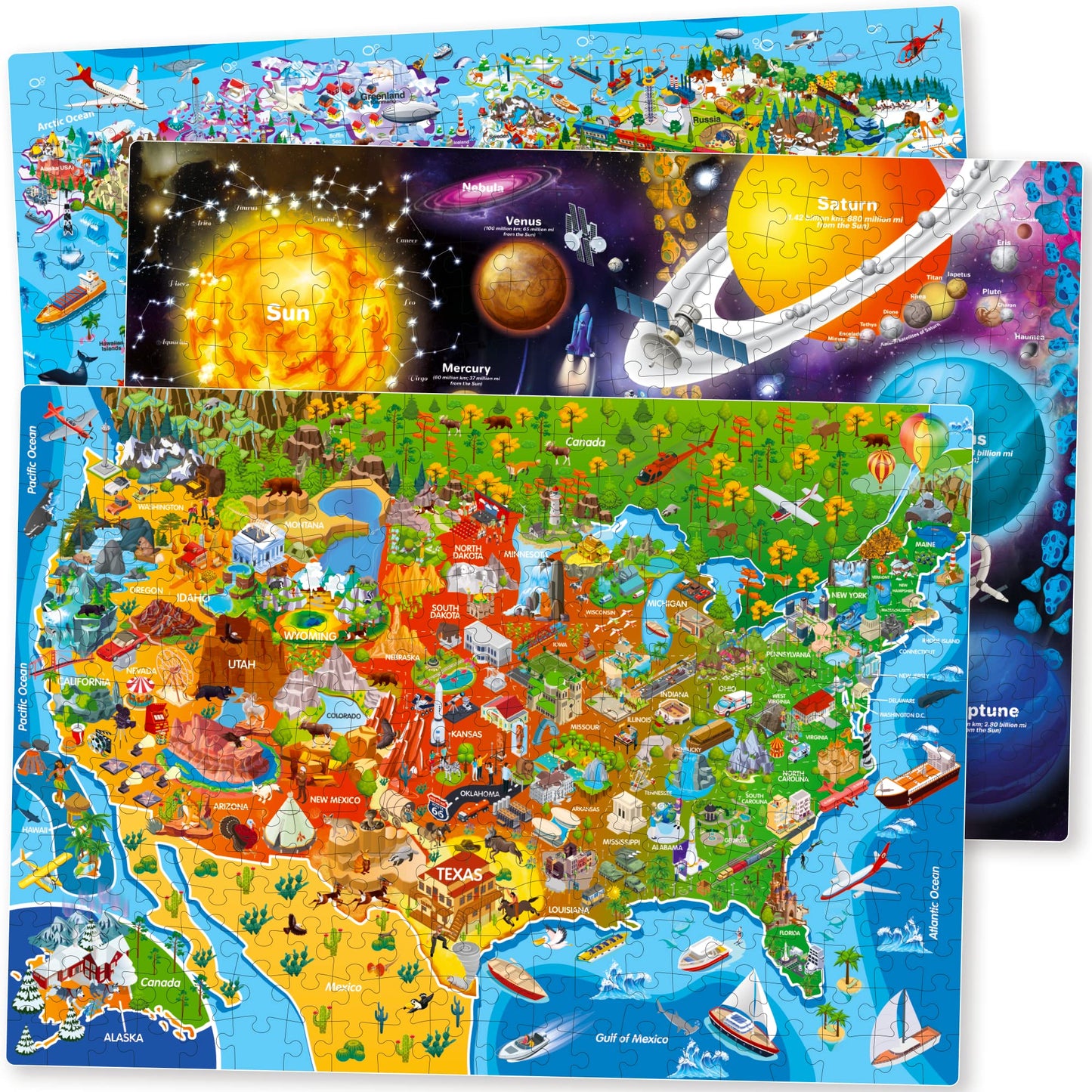 QUOKKA Puzzles for Kids 4-12 | 3-Pack 300-Piece USA Map, World Map & Solar System Puzzles