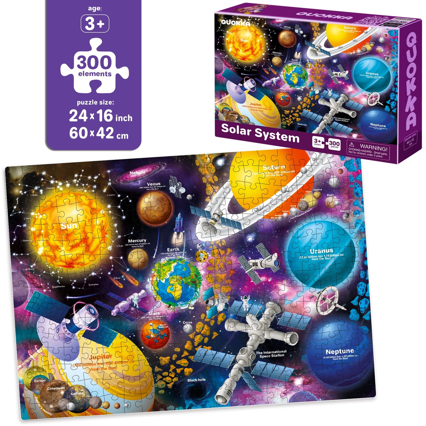 QUOKKA Puzzles for Kids 4-12 | 3-Pack 300-Piece USA Map, World Map & Solar System Puzzles
