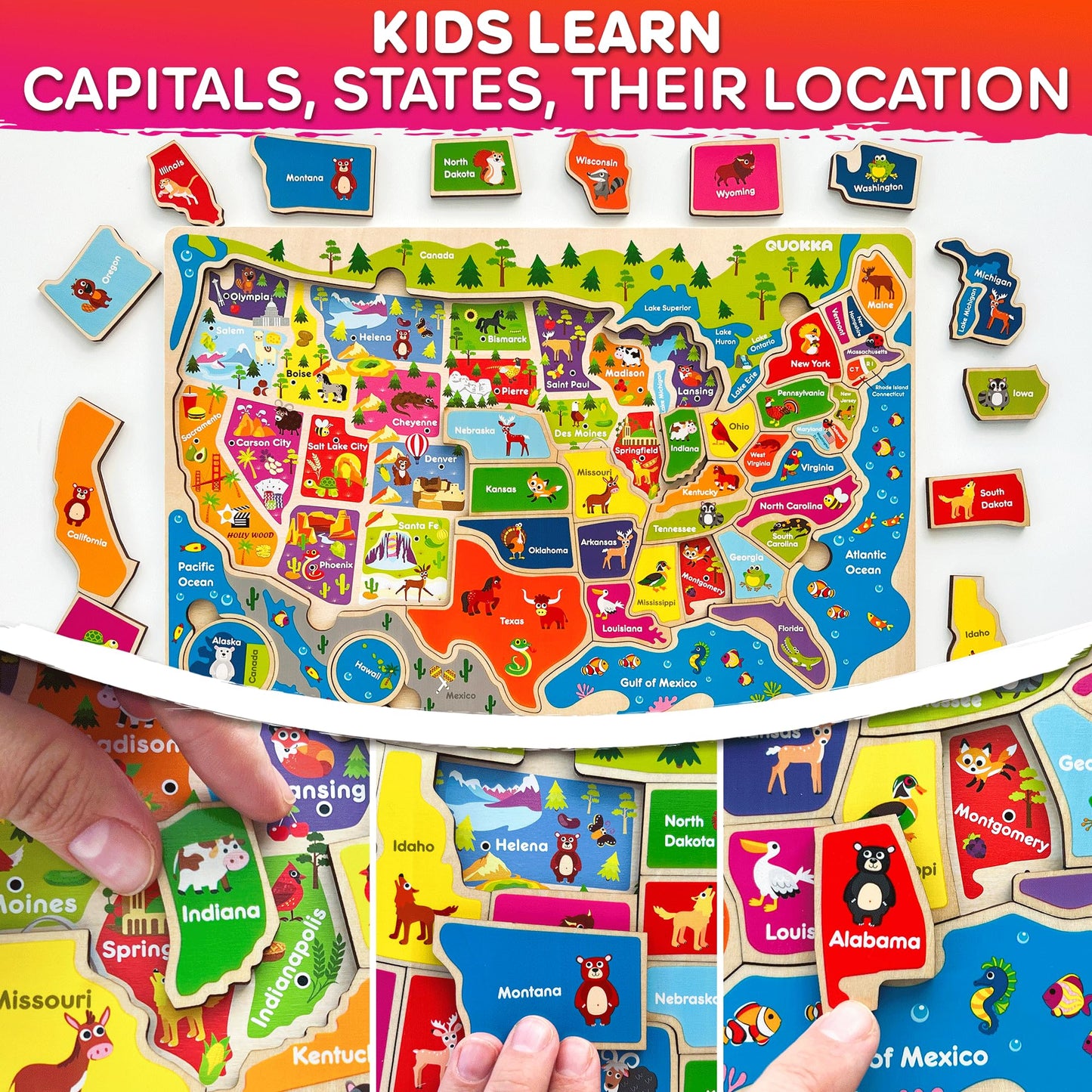 QUOKKA Wooden Puzzles for Kids 3-8 — Educational 3-Puzzle Set (US States, World Map, Solar System)