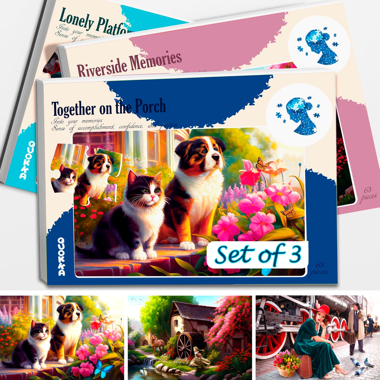 QUOKKA 63-Piece Dementia Puzzles for Adults – 3 Large-Piece Sets (Riverside, Platform, Animals)