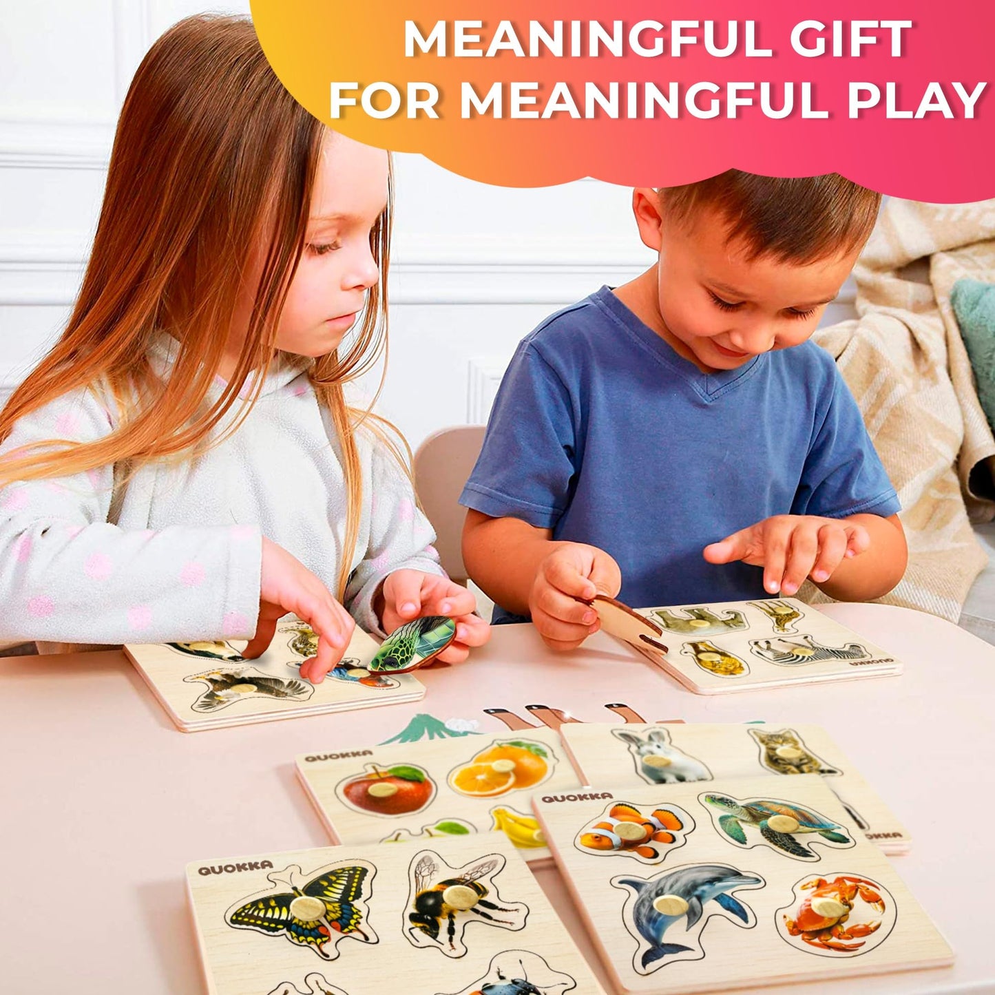 QUOKKA Wooden Puzzles for Toddlers 1-3 | 6-Pegged Animal & Fruit Learning Toy