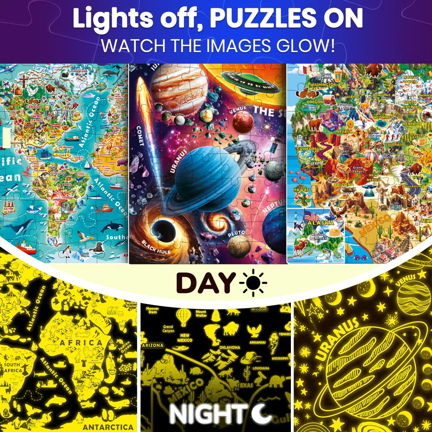 QUOKKA 100 Puzzles for Kids 4-6 & 5-8: Glow-in-the-Dark USA Map, World Map & Solar System Floor Puzzles