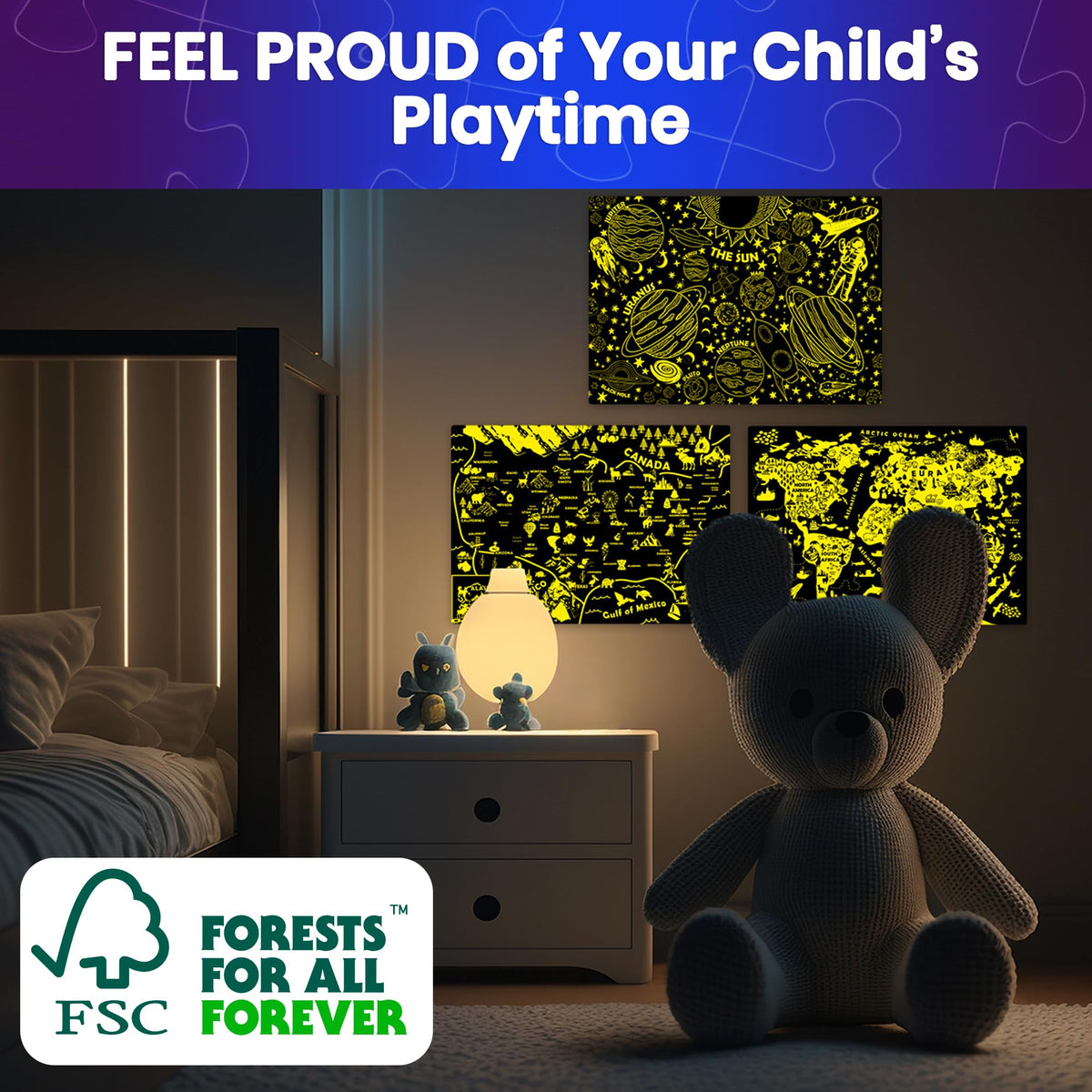 QUOKKA 100 Puzzles for Kids 4-6 & 5-8: Glow-in-the-Dark USA Map, World Map & Solar System Floor Puzzles