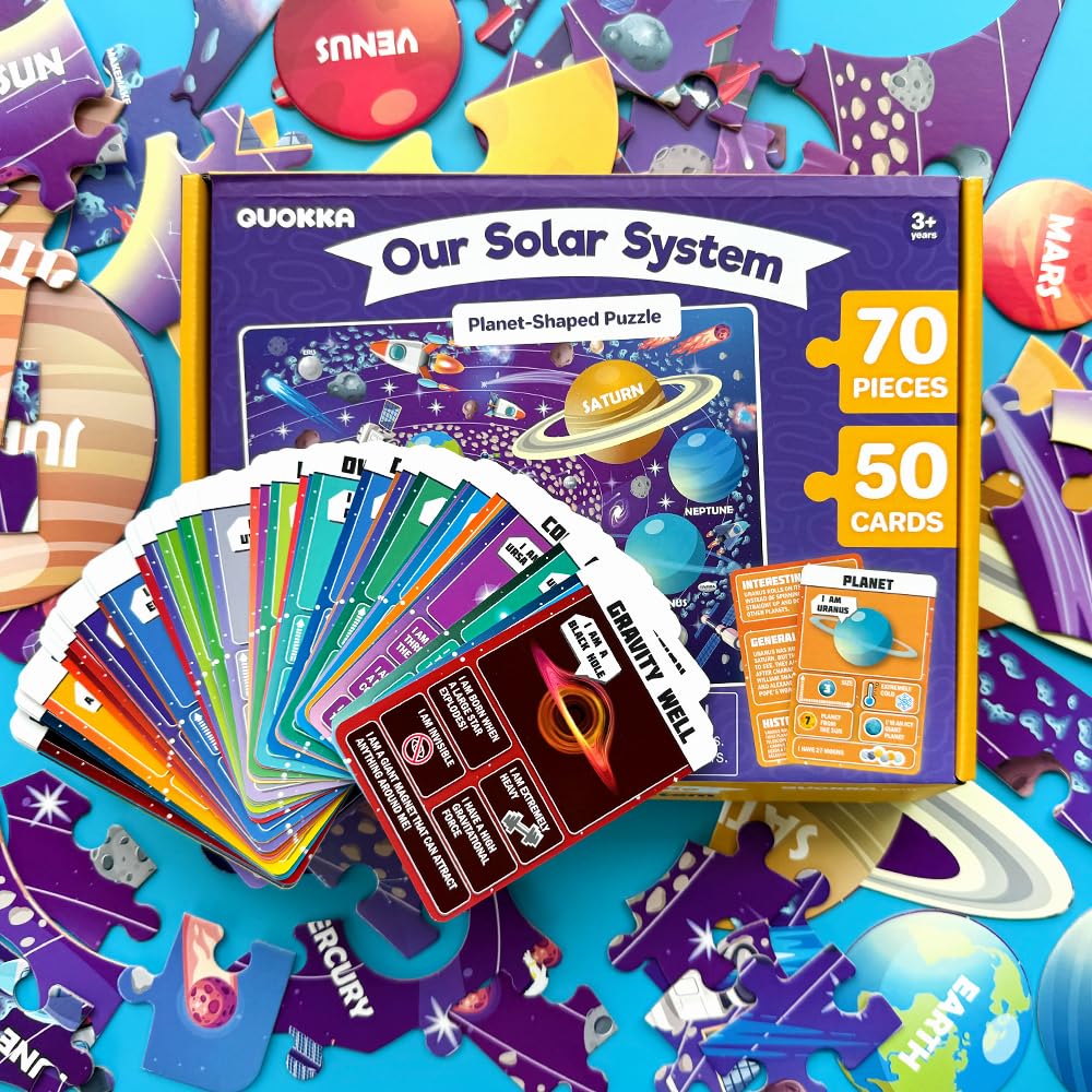 QUOKKA Solar System Puzzles for Kids 4-6 – 70 Pieces, 50 Flashcards & Planet-Shaped Jigsaw