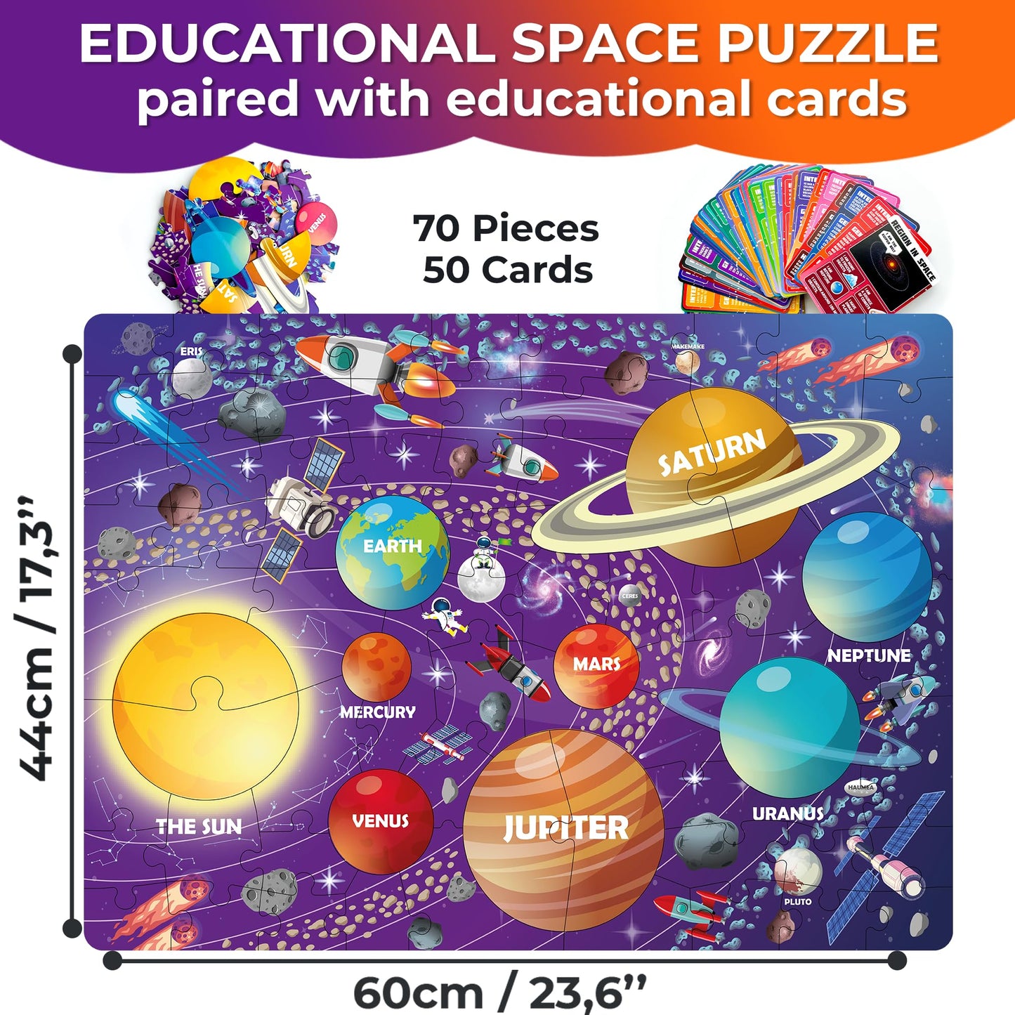 QUOKKA Solar System Puzzles for Kids 4-6 – 70 Pieces, 50 Flashcards & Planet-Shaped Jigsaw