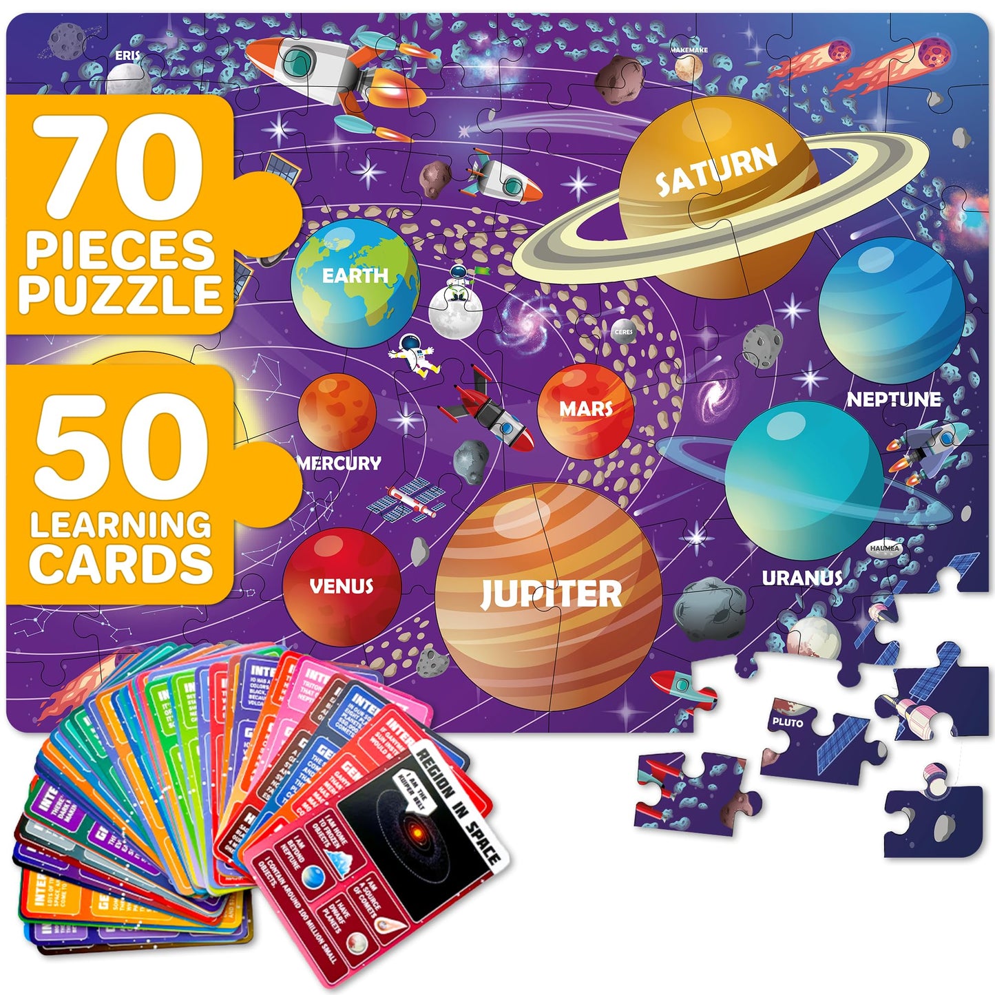 QUOKKA Solar System Puzzles for Kids 4-6 – 70 Pieces, 50 Flashcards & Planet-Shaped Jigsaw