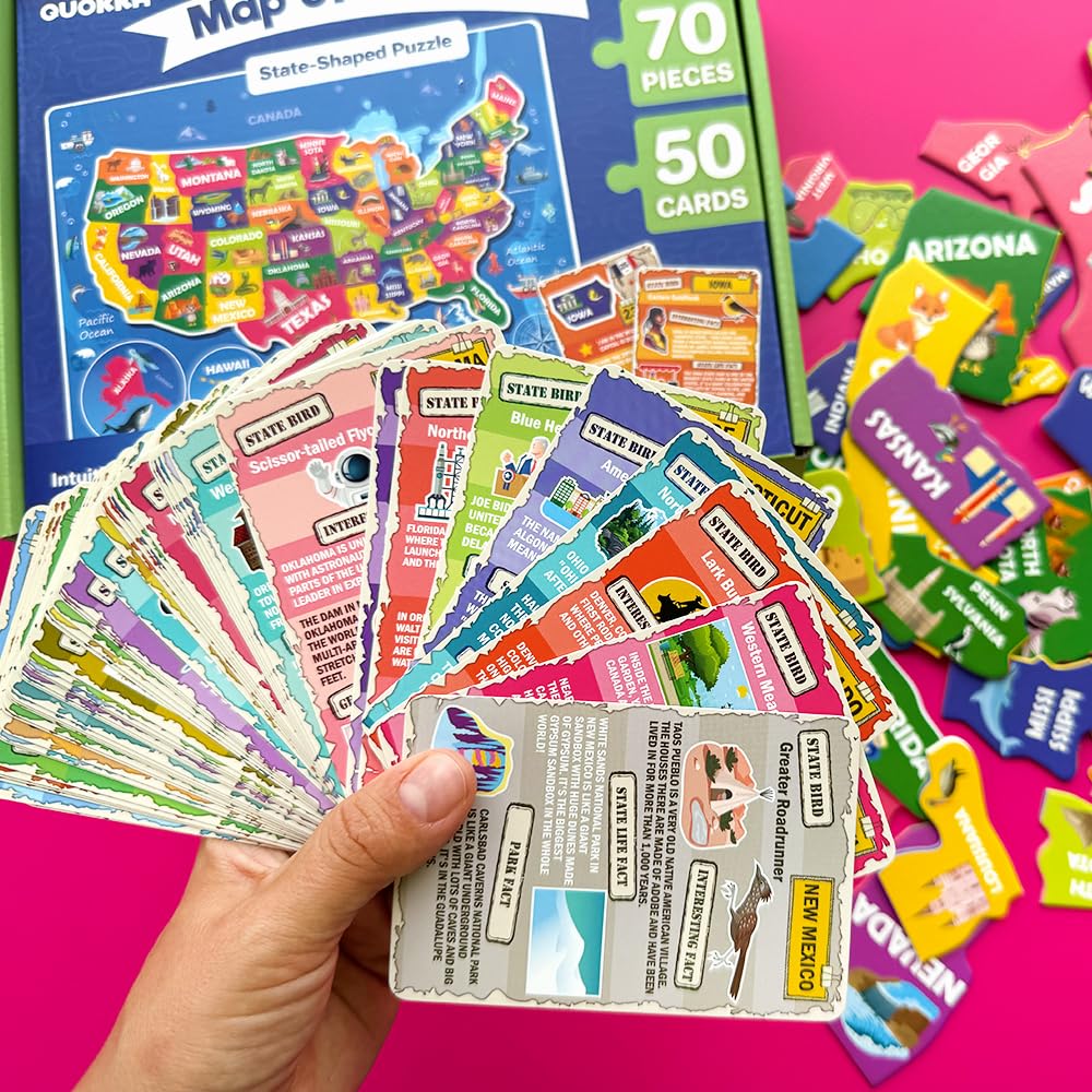 QUOKKA US Map Puzzle – 70 Pieces + 50 Flashcards for Kids 4–6