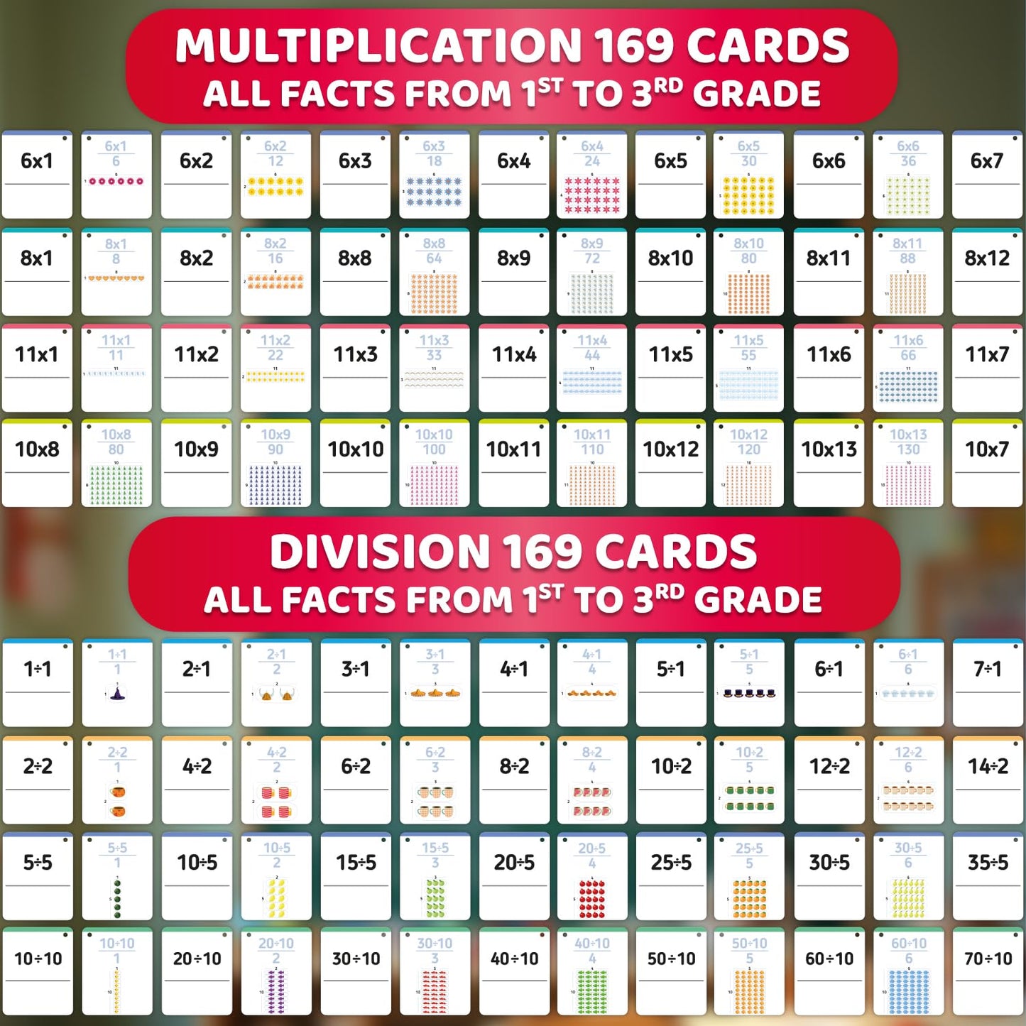 QUOKKA Multiplication & Division Flash Cards for Kids 4-8 — 338 Cards with Visual Aids, Sorting Rings